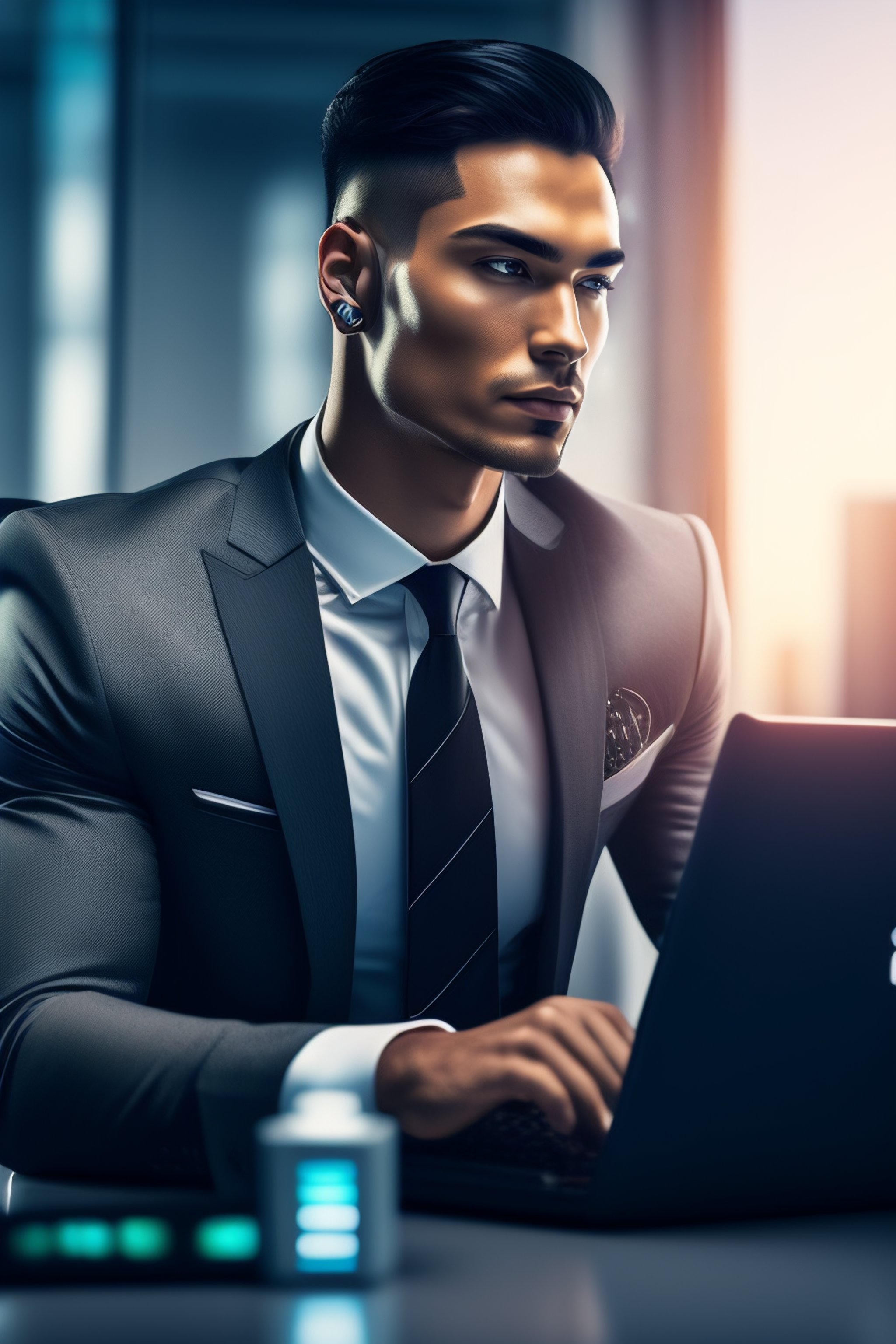 Lexica - Cyborg robotic man office look with suit in front of a ...
