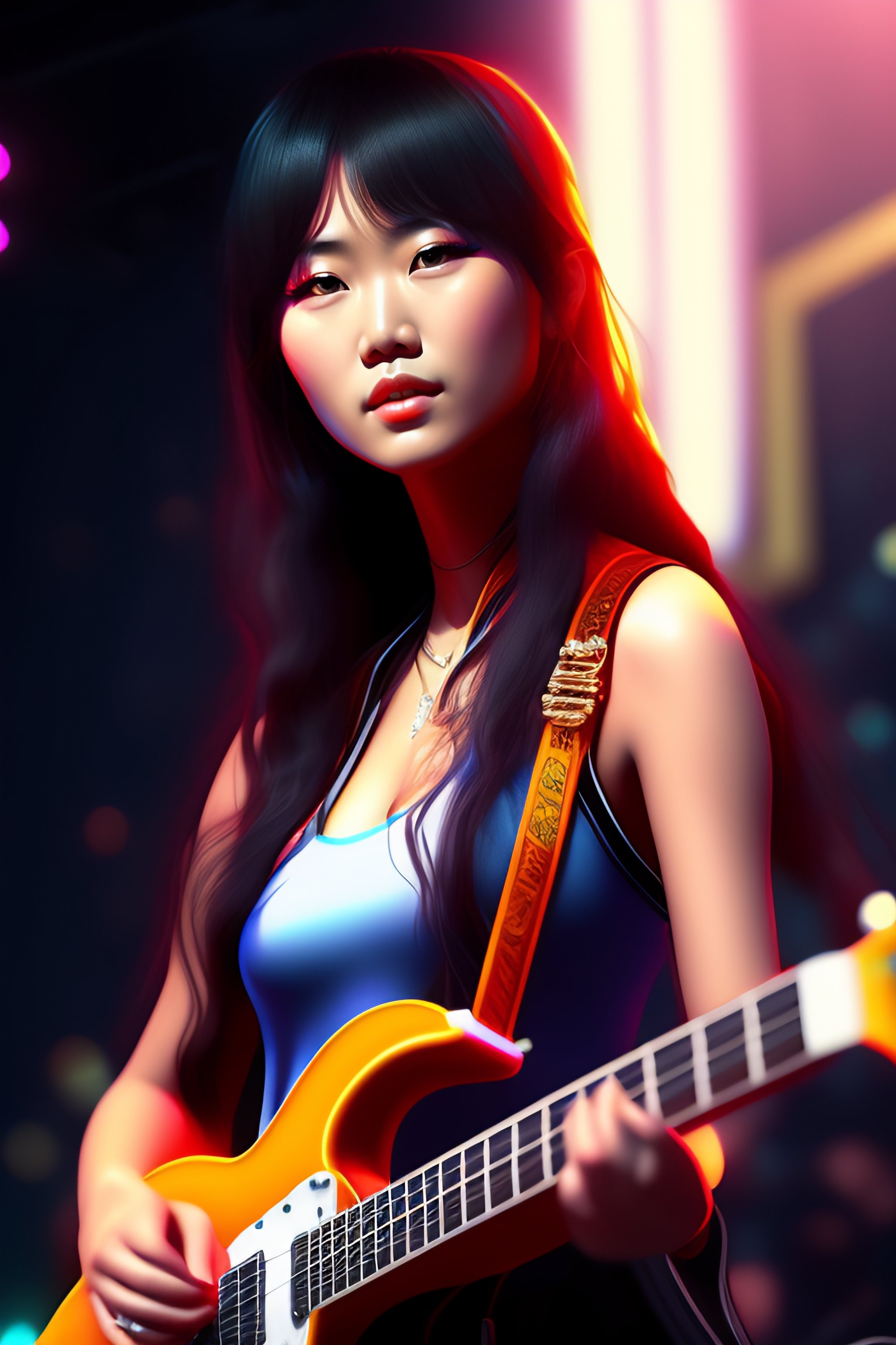 Lexica - Rockstar asian girl playing electric guitar on