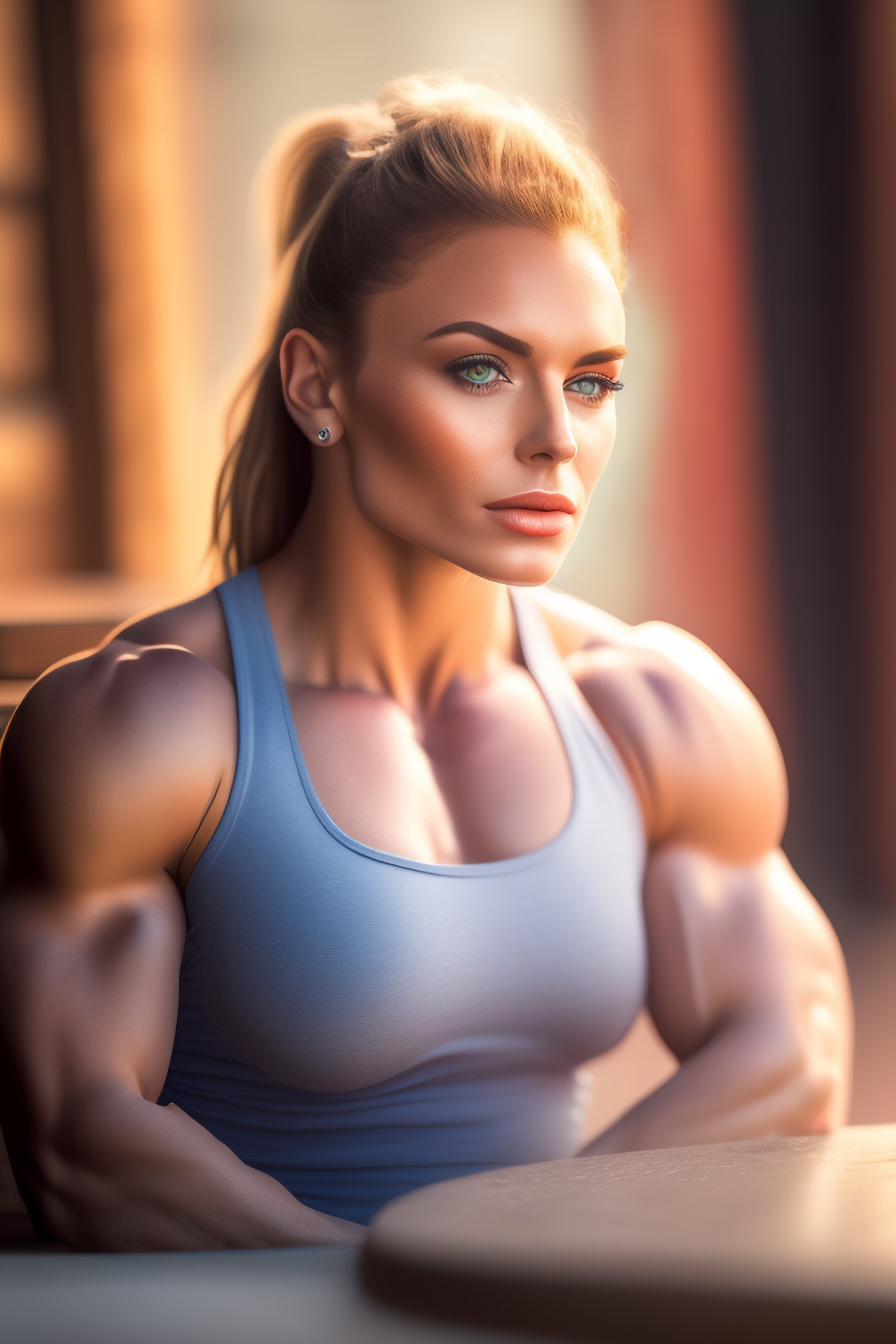 Lexica - Portrait of woman bodybuilder wearing short jeans, by ...
