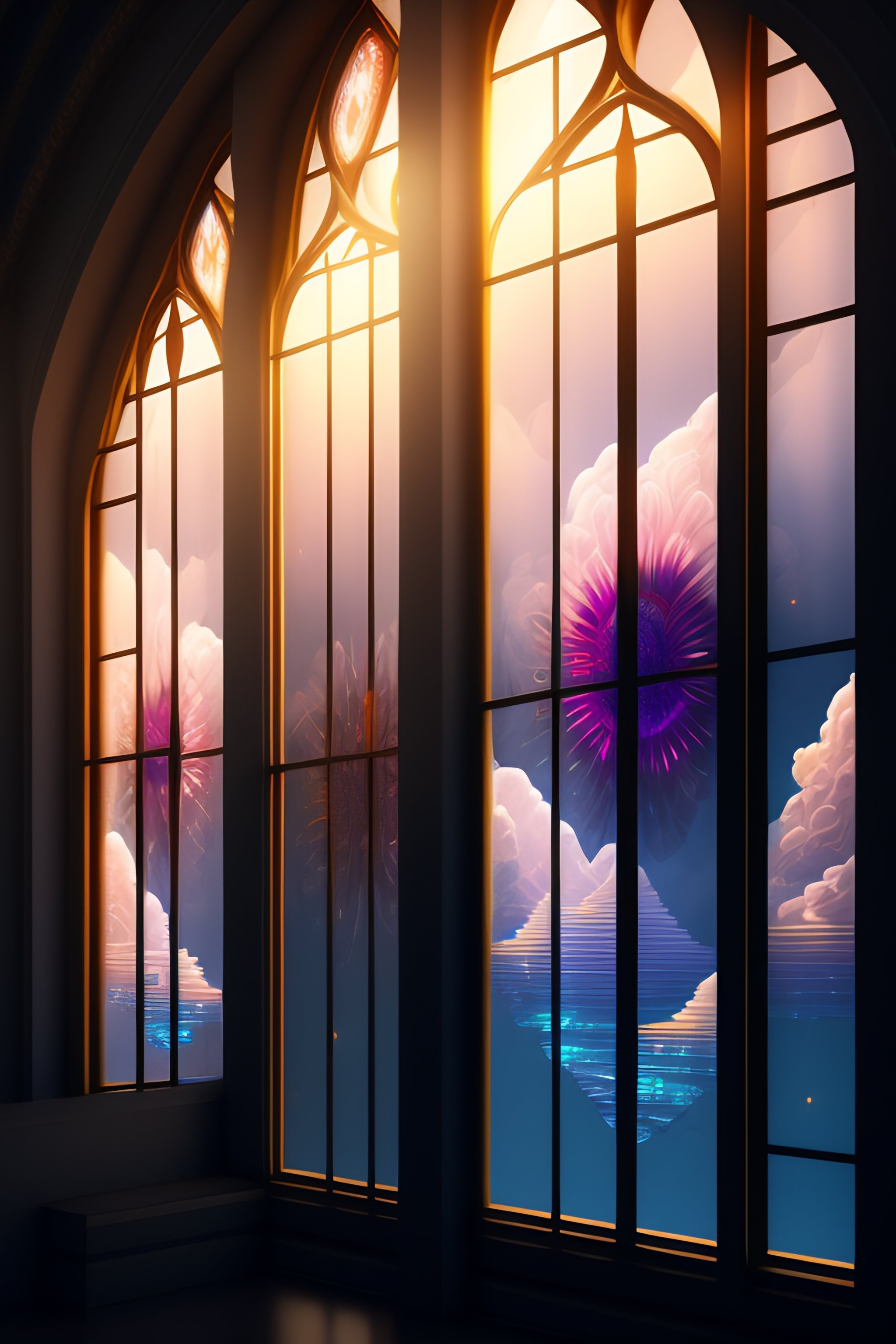 Lexica - Stained glass window with angelic figures. Cloudy background ...