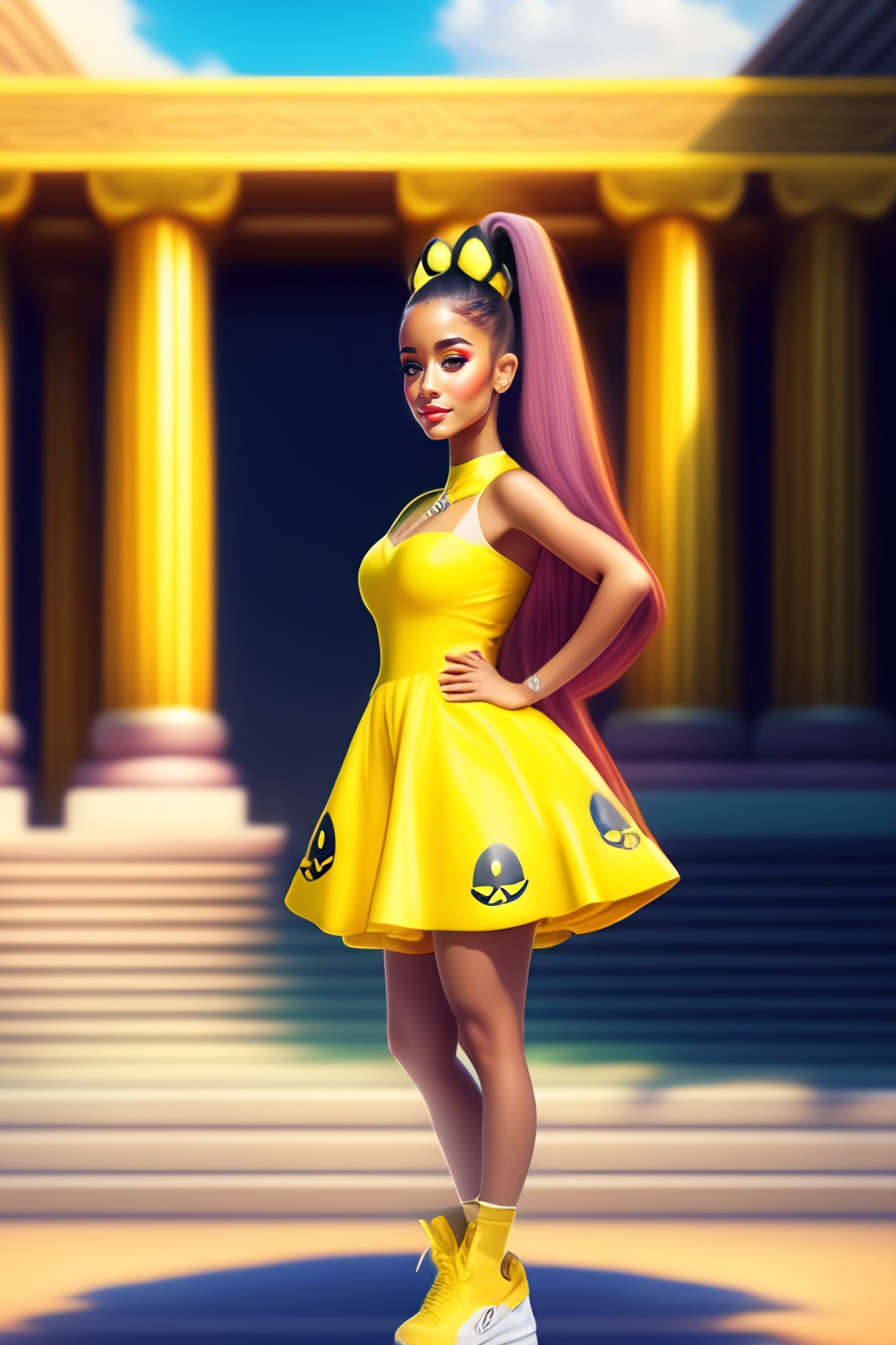 Lexica Ariana Grande as pikachu long hair pigtail Full body view greek temple background Pikachu ear yellow dress black shoes virtual painte