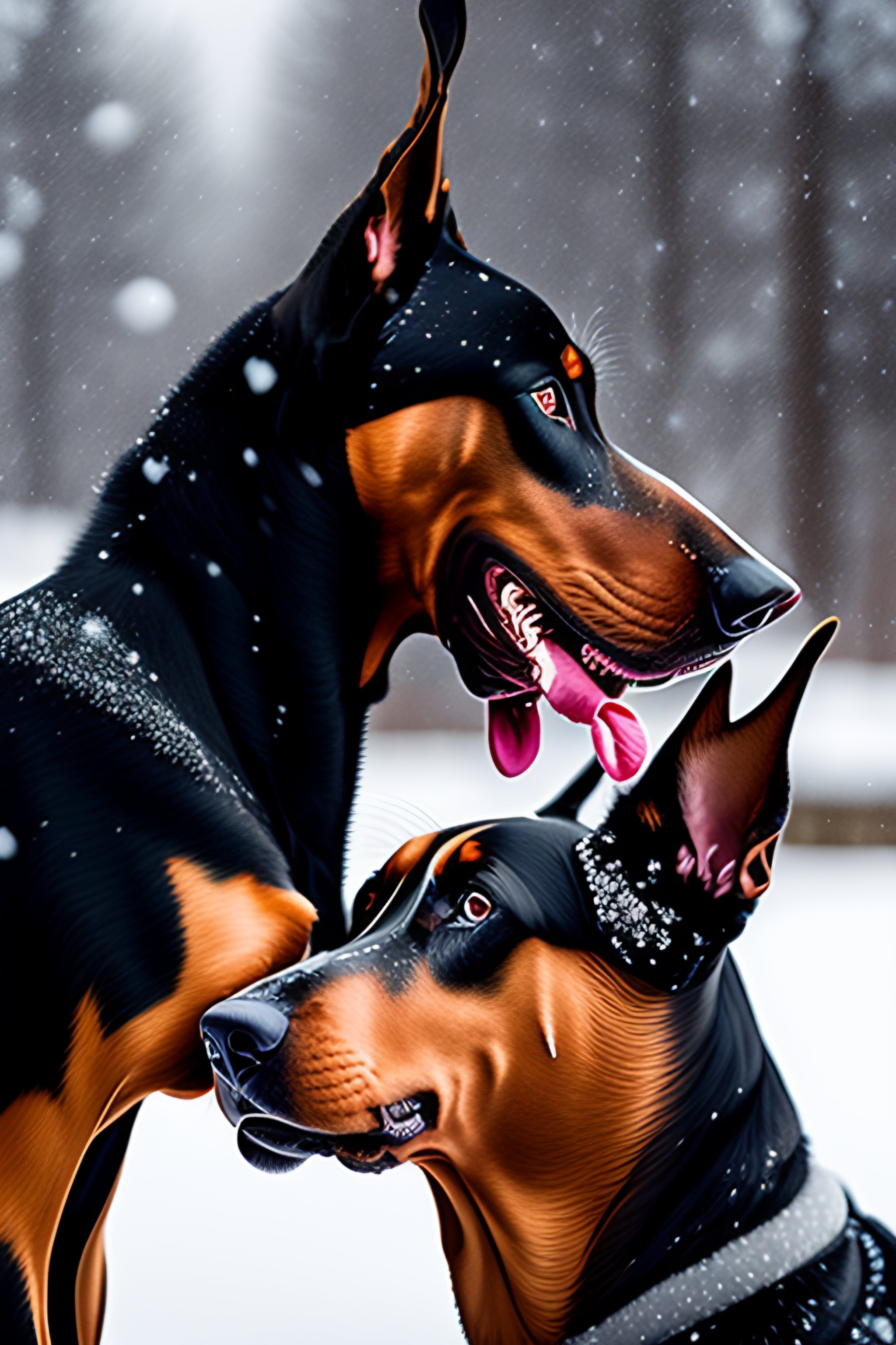 Lexica - Doberman kissing another doberman in the snow with frozen roses