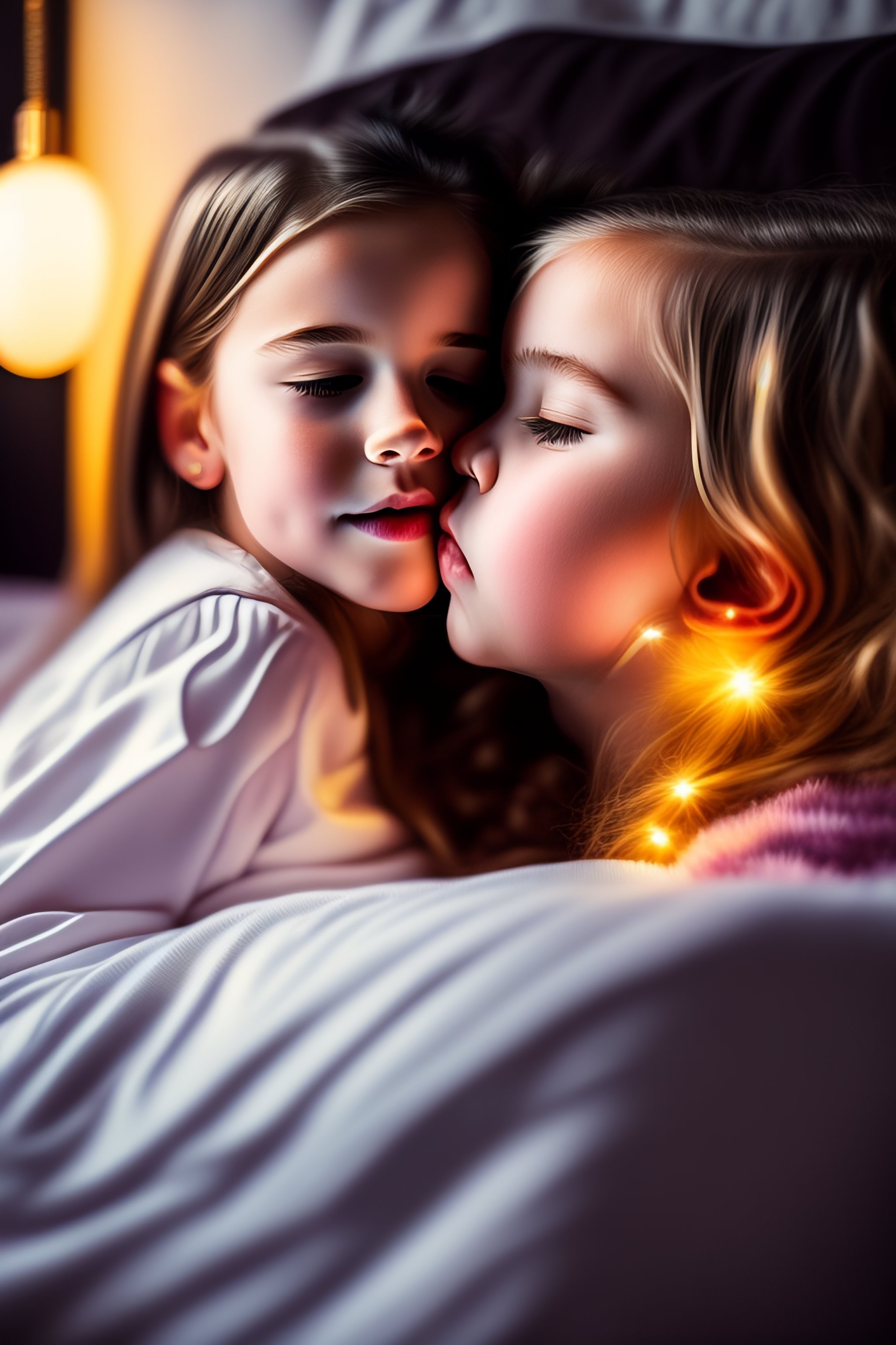 Lexica - Beautiful, photo-realistic picture of two ten year old girls  kissing and in bed!, intricate, elegant, glowing lights, highly detailed,  photo...