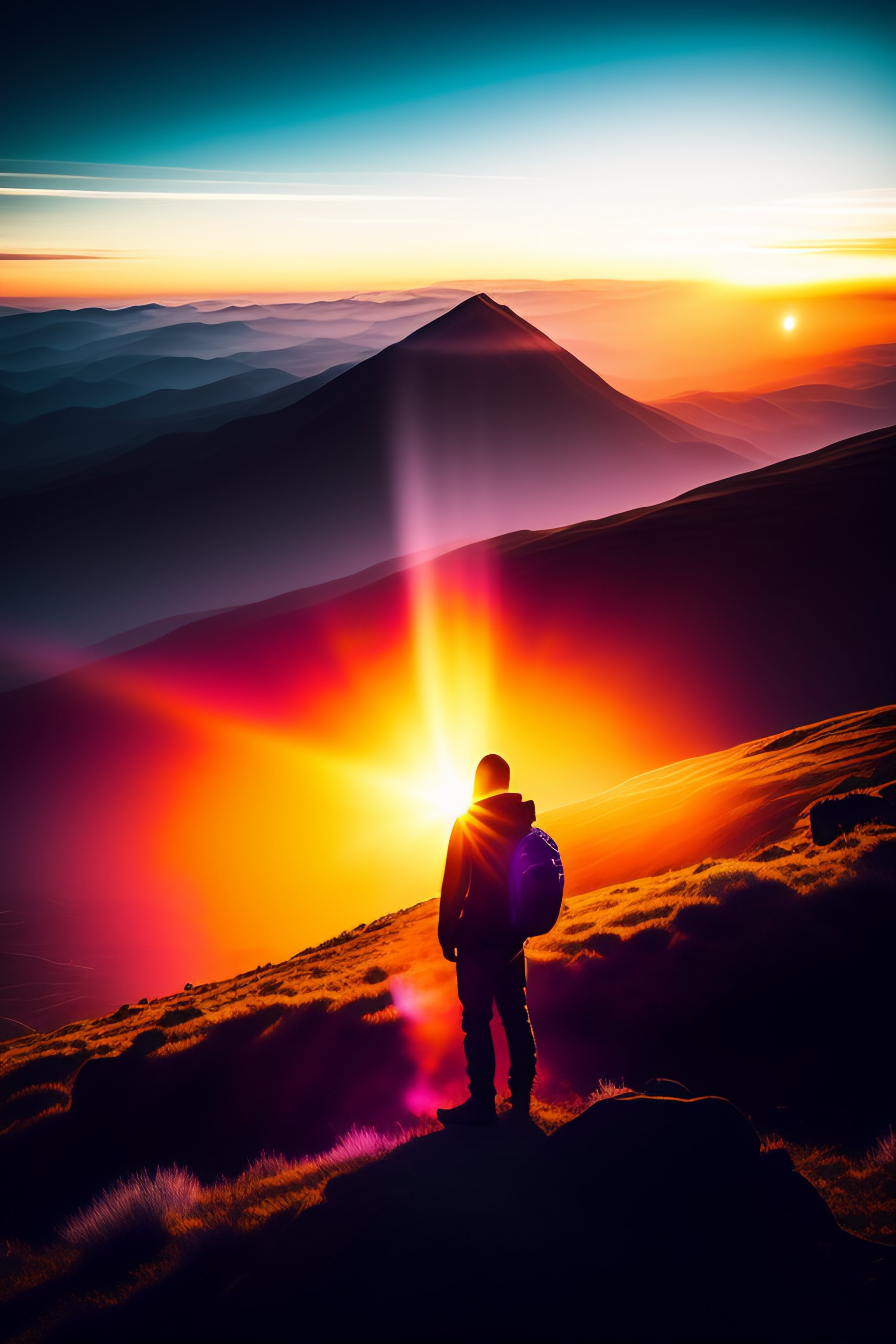 Lexica - A photo of a lone figure standing on a mountaintop, surrounded ...
