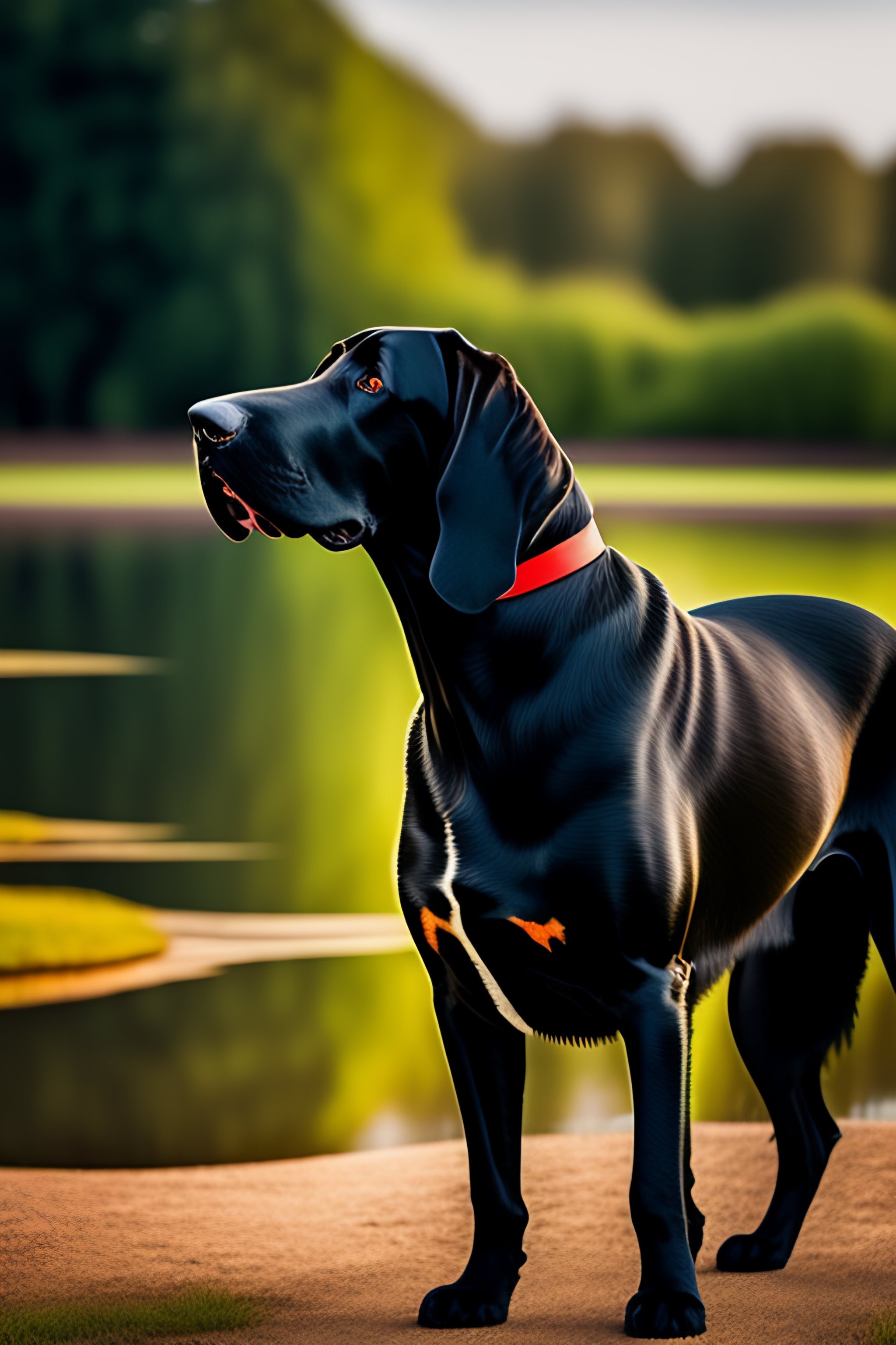 Lexica - Black labradane near a pond, in the style of Fernando botero