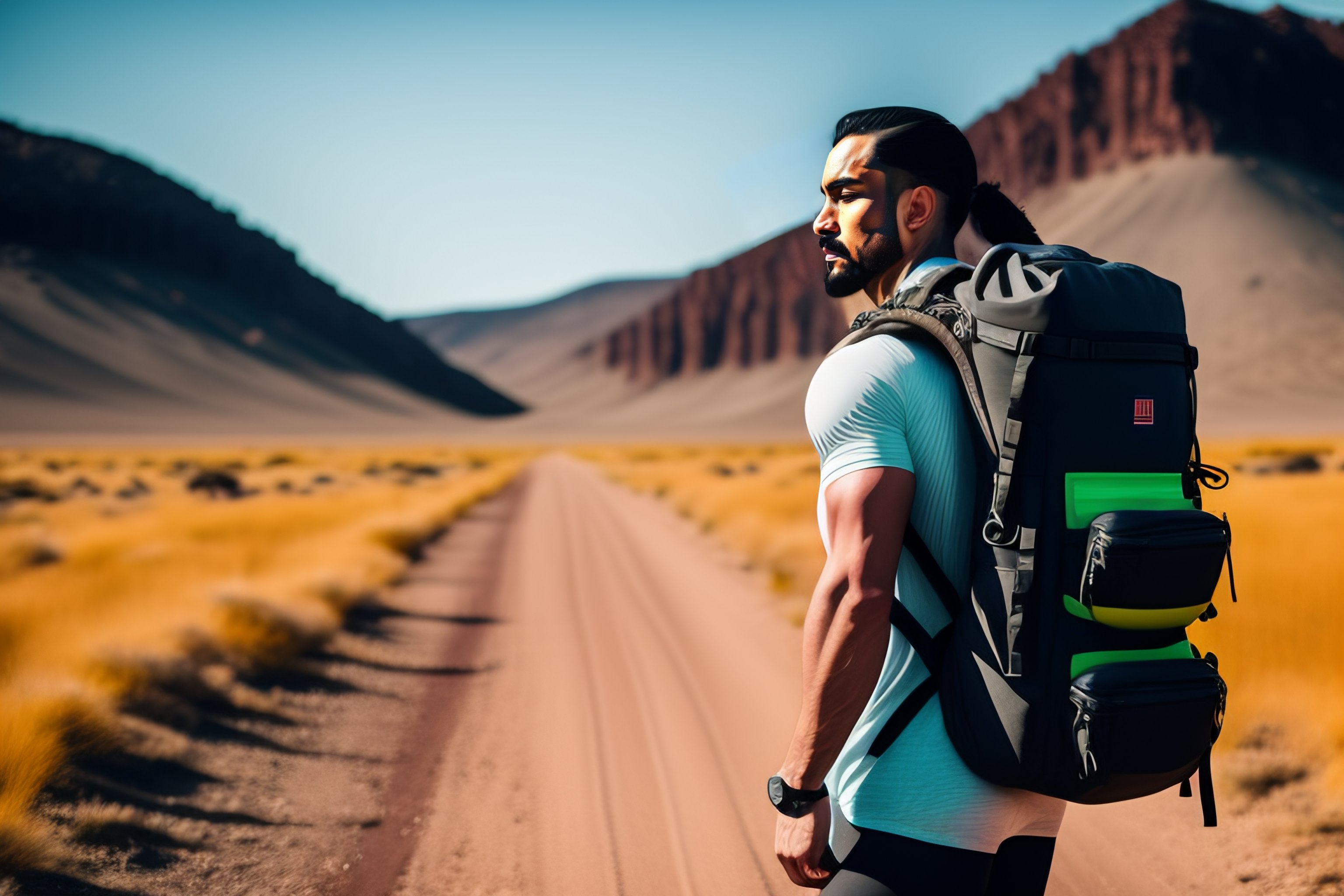 Lexica Illustrate a person doing rucking with a weighted backpack. Model the image of the