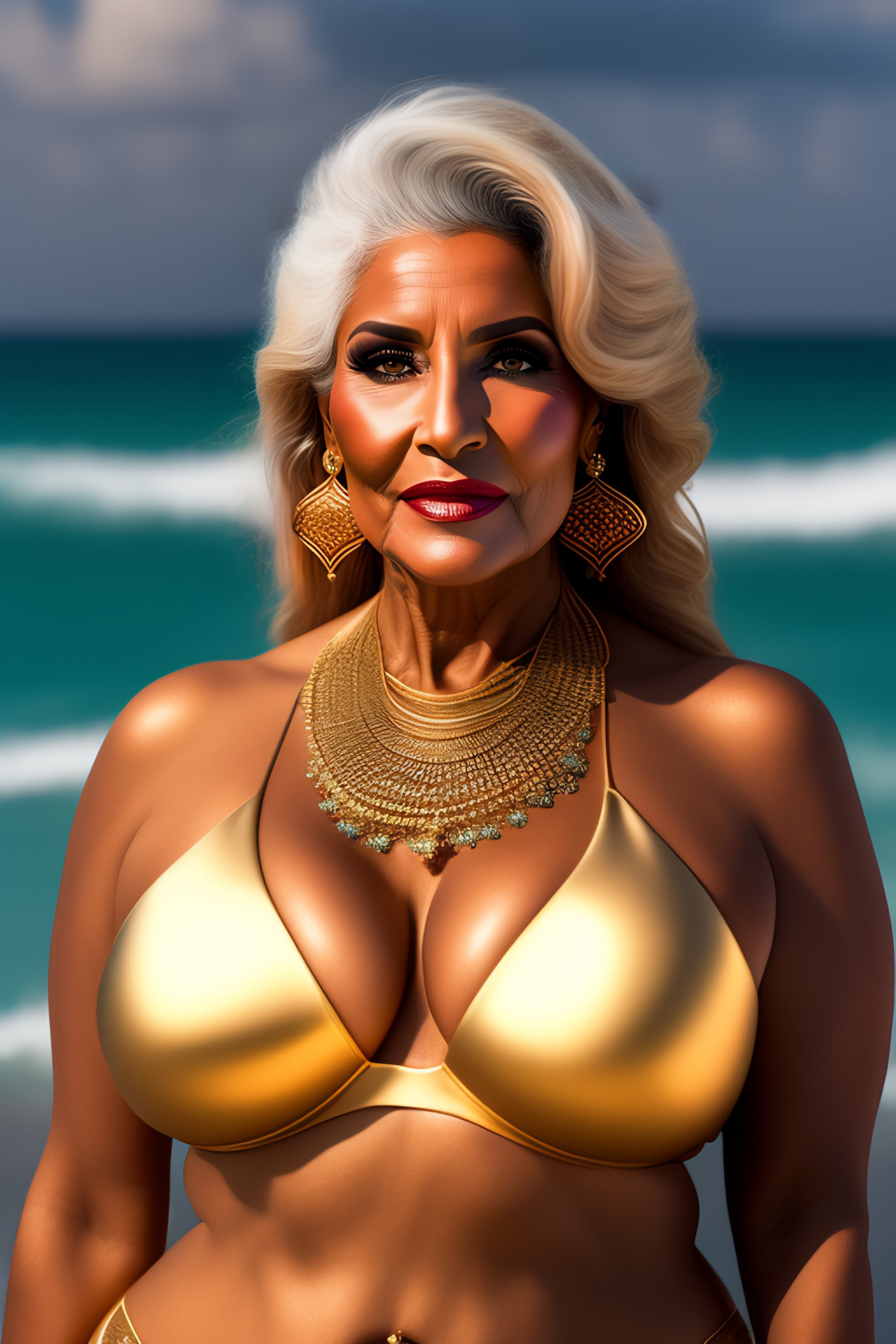 Lexica - Arabic woman 60 years old granny . bikini . high quality . plus  sized model . larger tiddie chest size . mighty plump. gold jewelry .  diamo...