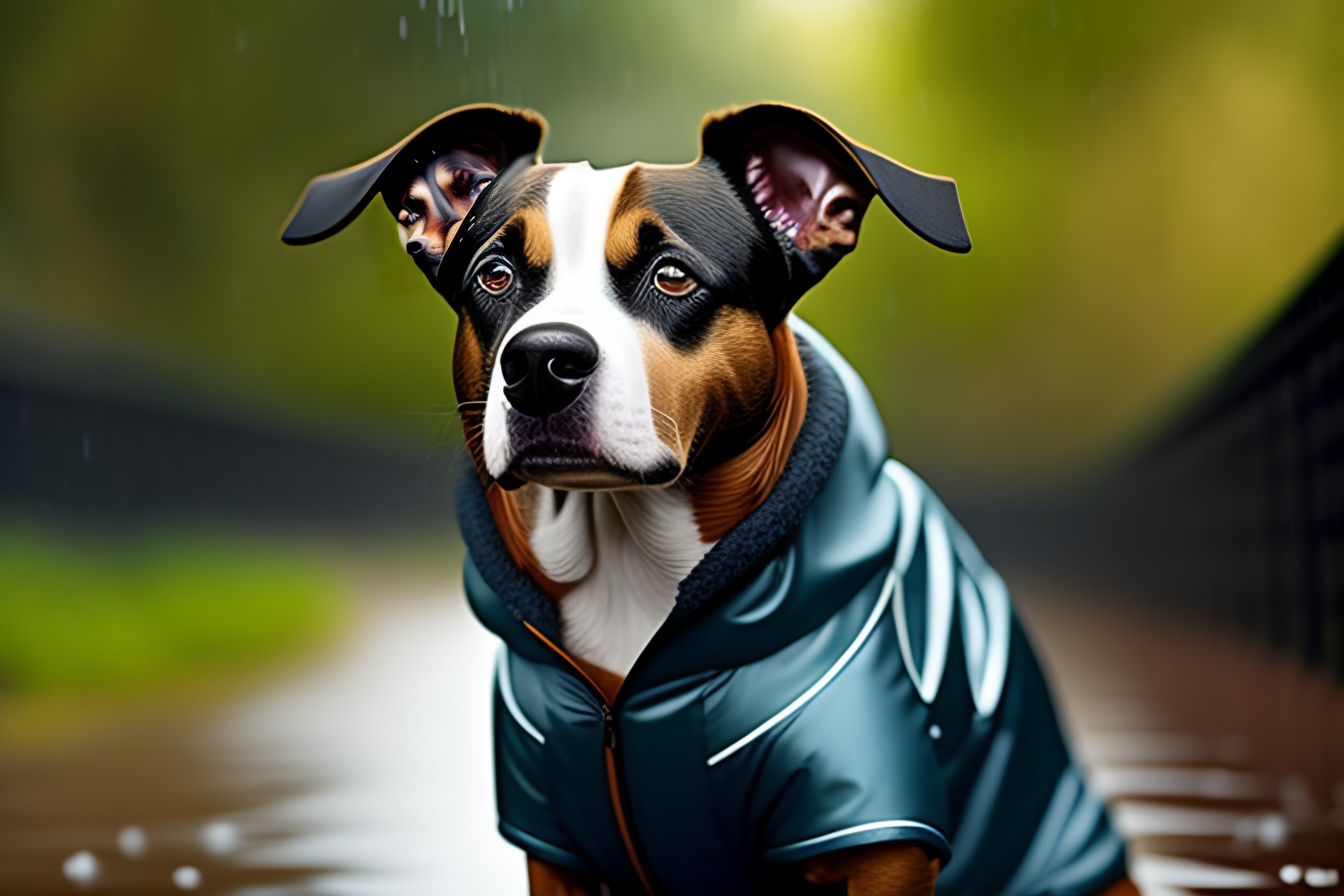 Lexica Show a photo of a stafford terrier dog outside in the rain