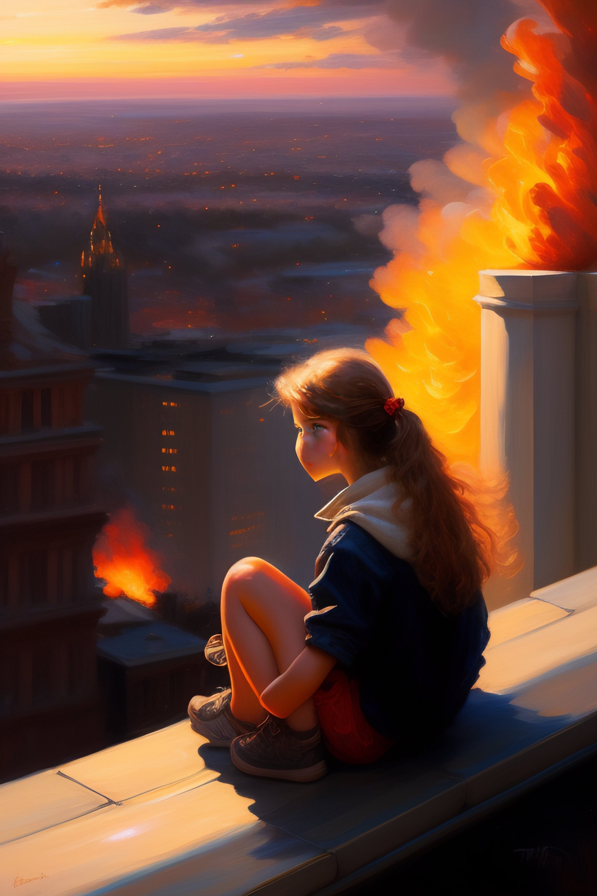 Lexica - “ girl sitting on a roof looking down at a in flames city ...