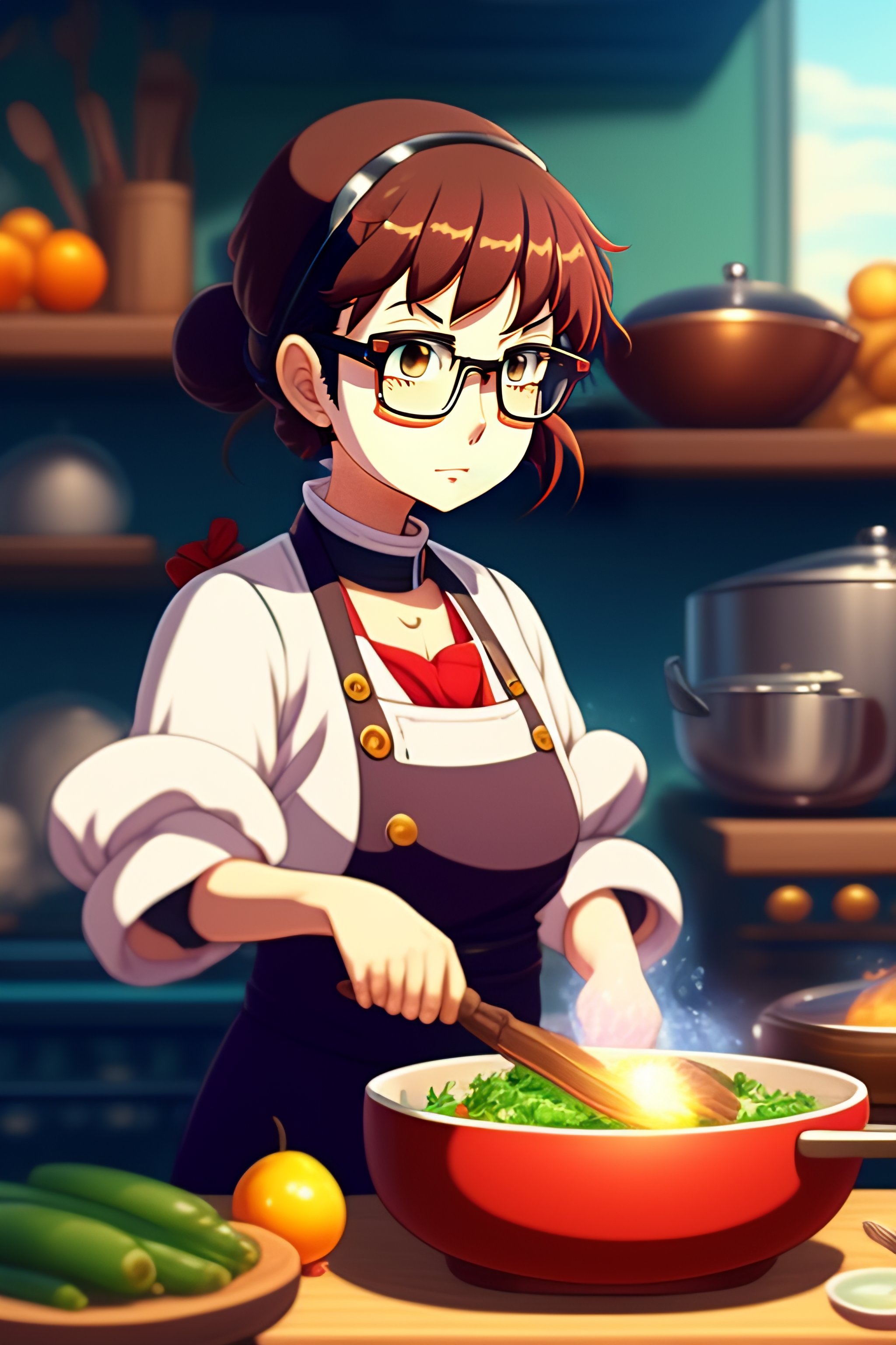 Lexica Girl with round glasses cooking, ghibli, anime style