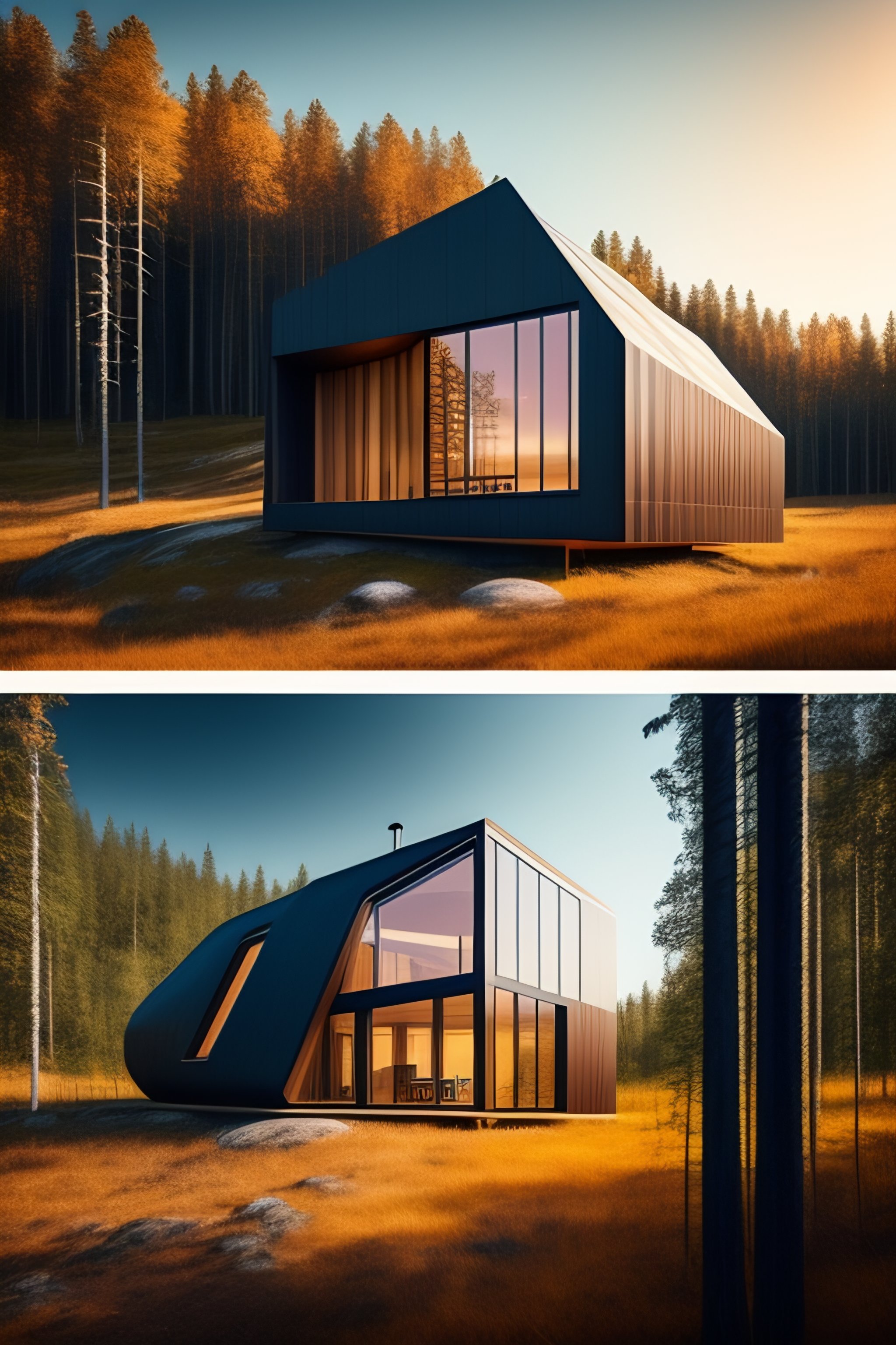 Lexica - A wide image of a full innovative 3D contemporary cabin, hyper ...