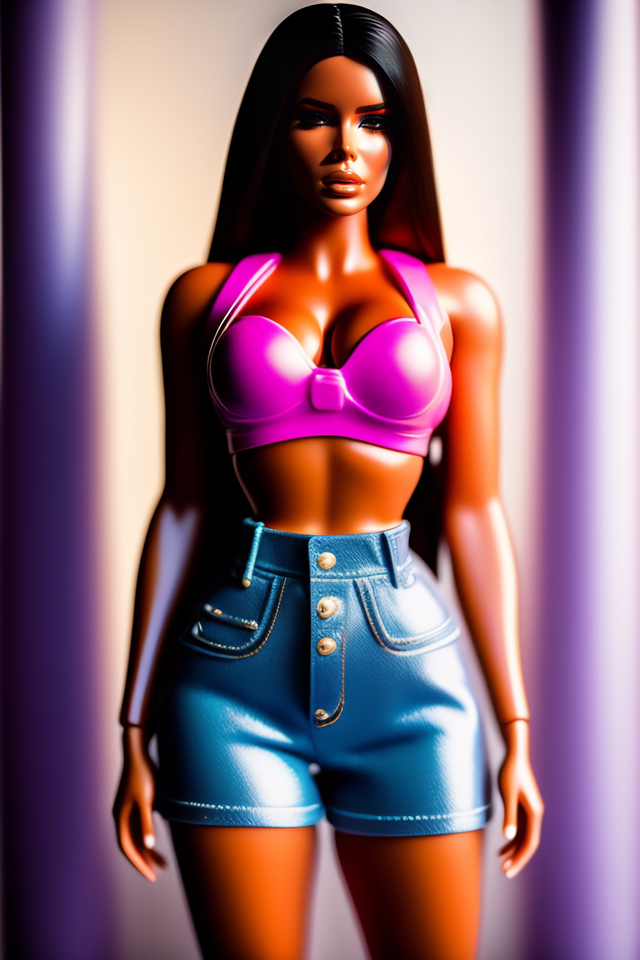 Lexica - Kim Kardashian in a shiny lycra gym outfit. Shiny lycra shorts.  Medium length straight shiny bob. Pretty. Unrealistic body proportions.  Shop