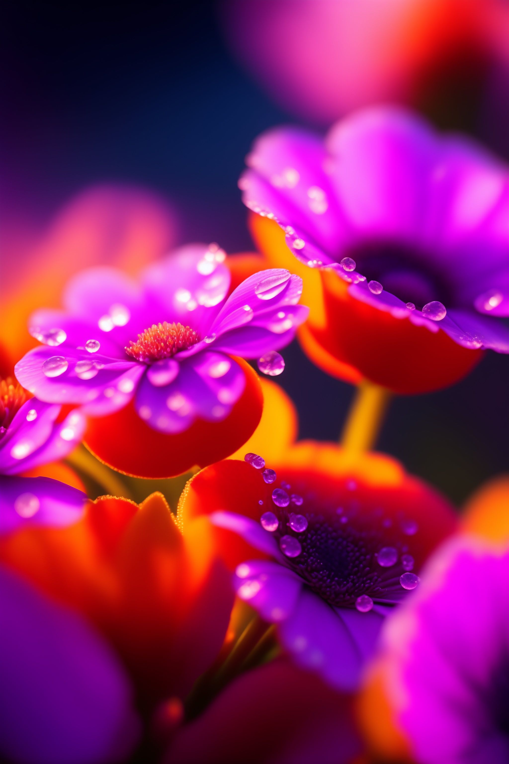 Lexica - Purple flowers with dew drops, pink leaves and stems, golden ...