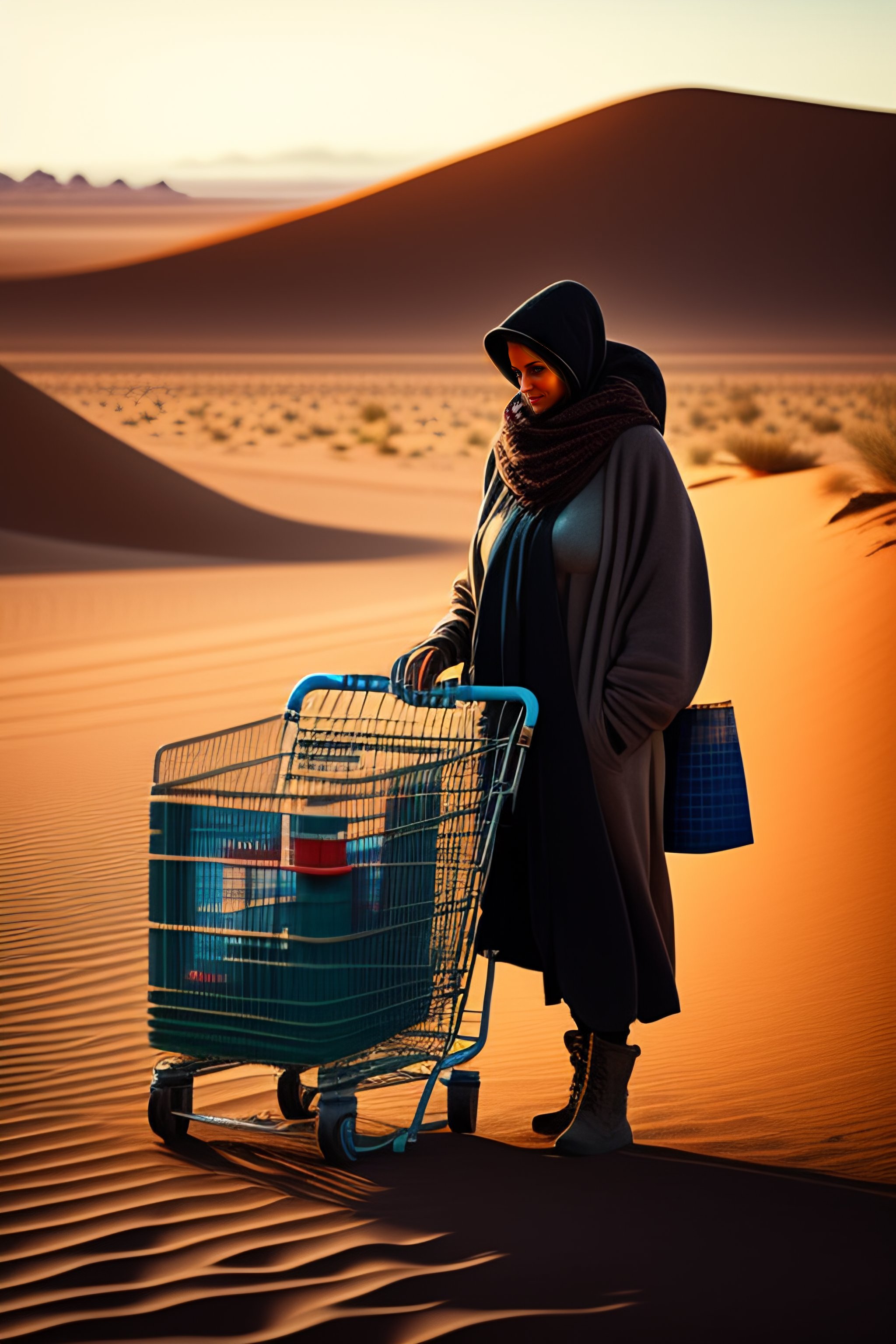 Lexica - Homeless woman with a shopping cart in the desert