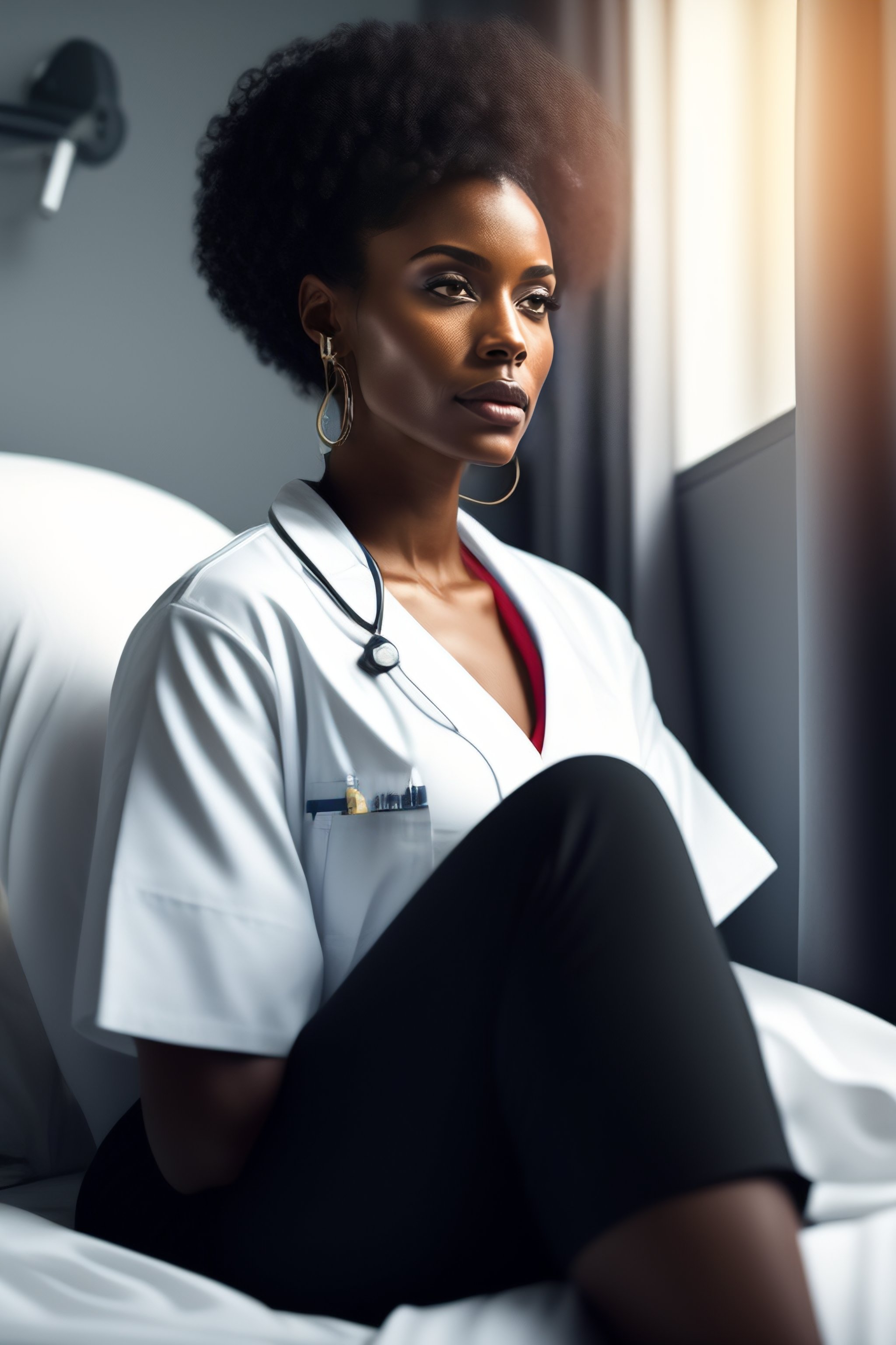Lexica - A beautiful realistic black woman sitting on a hospital bed ...