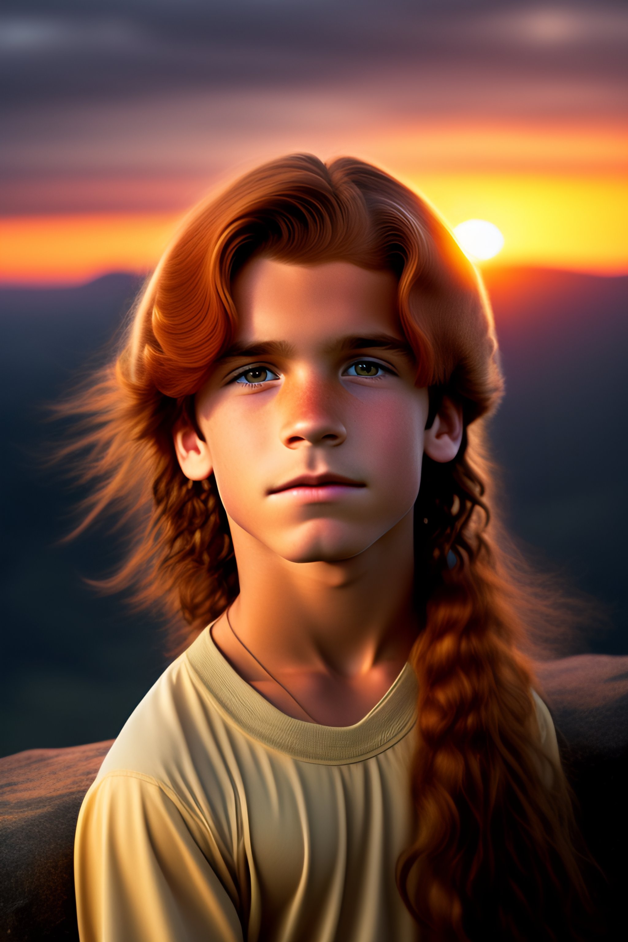 Lexica A BOY WITH AUBURN LONG HAIR sitting on a cliff, brown eyes