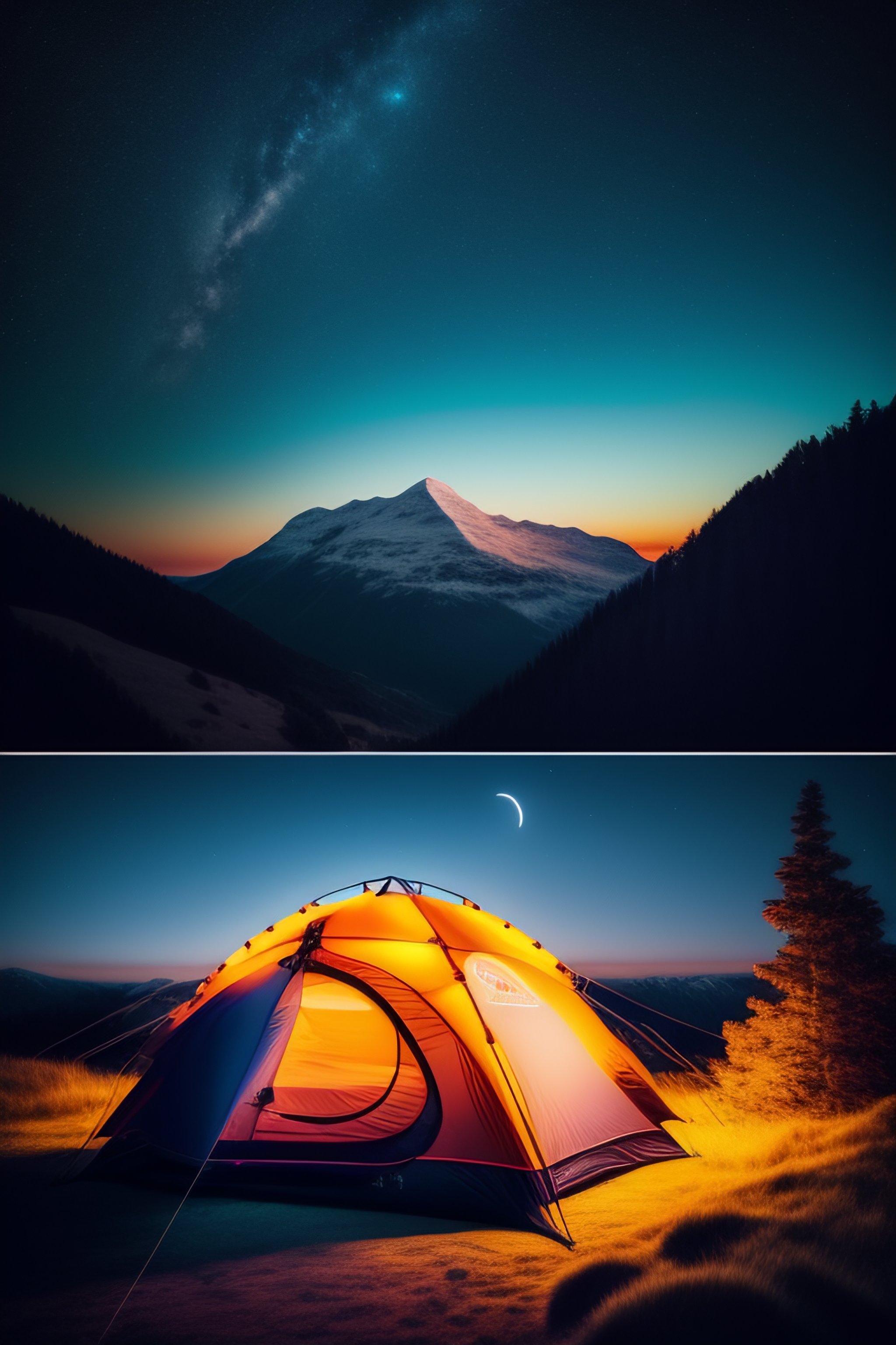 Lexica - A tent pitched up on top of a mountain under a night sky ...