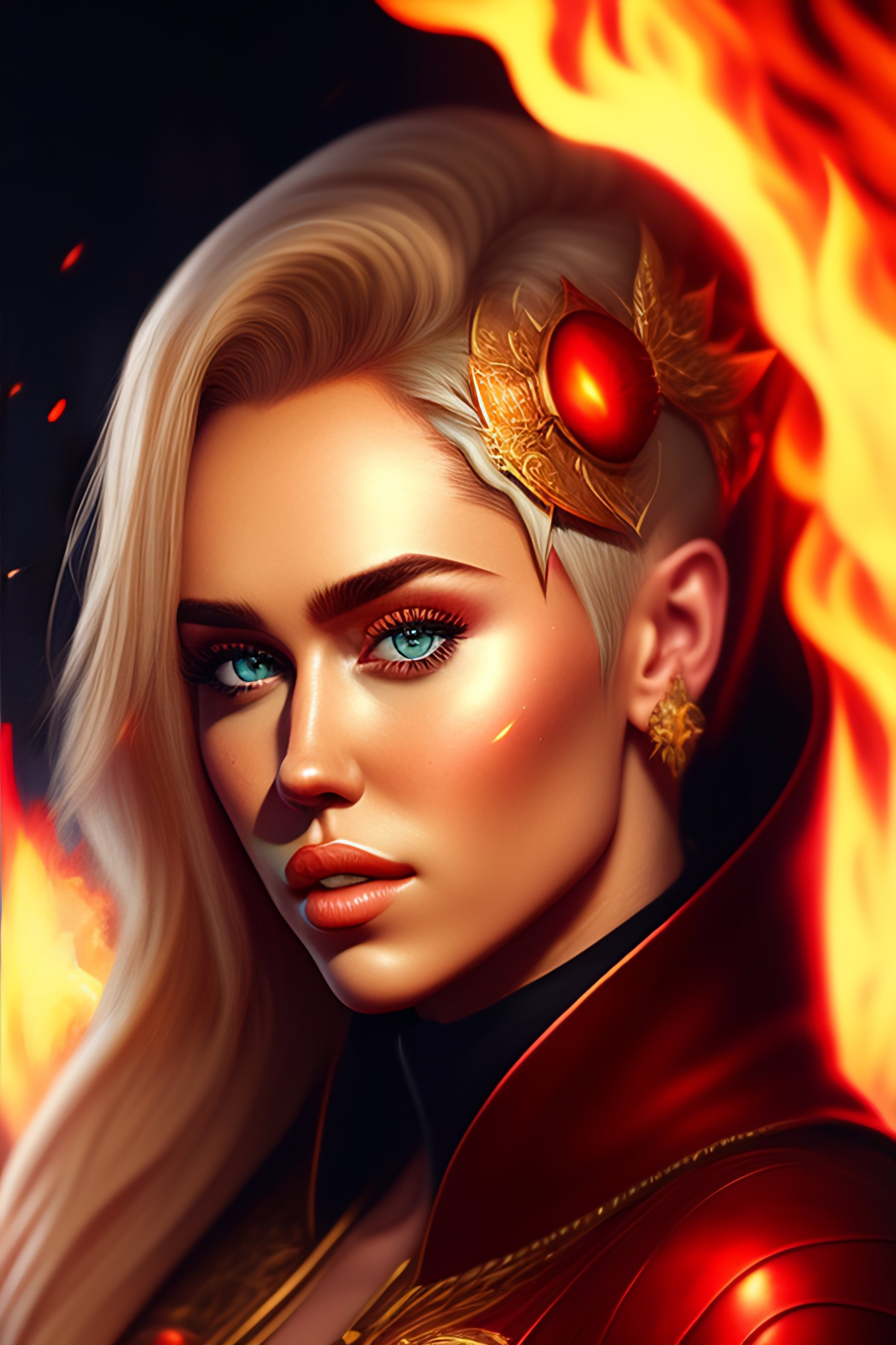 Lexica - Portrait of a beautiful Miley Cyrus surrounded by fire ...