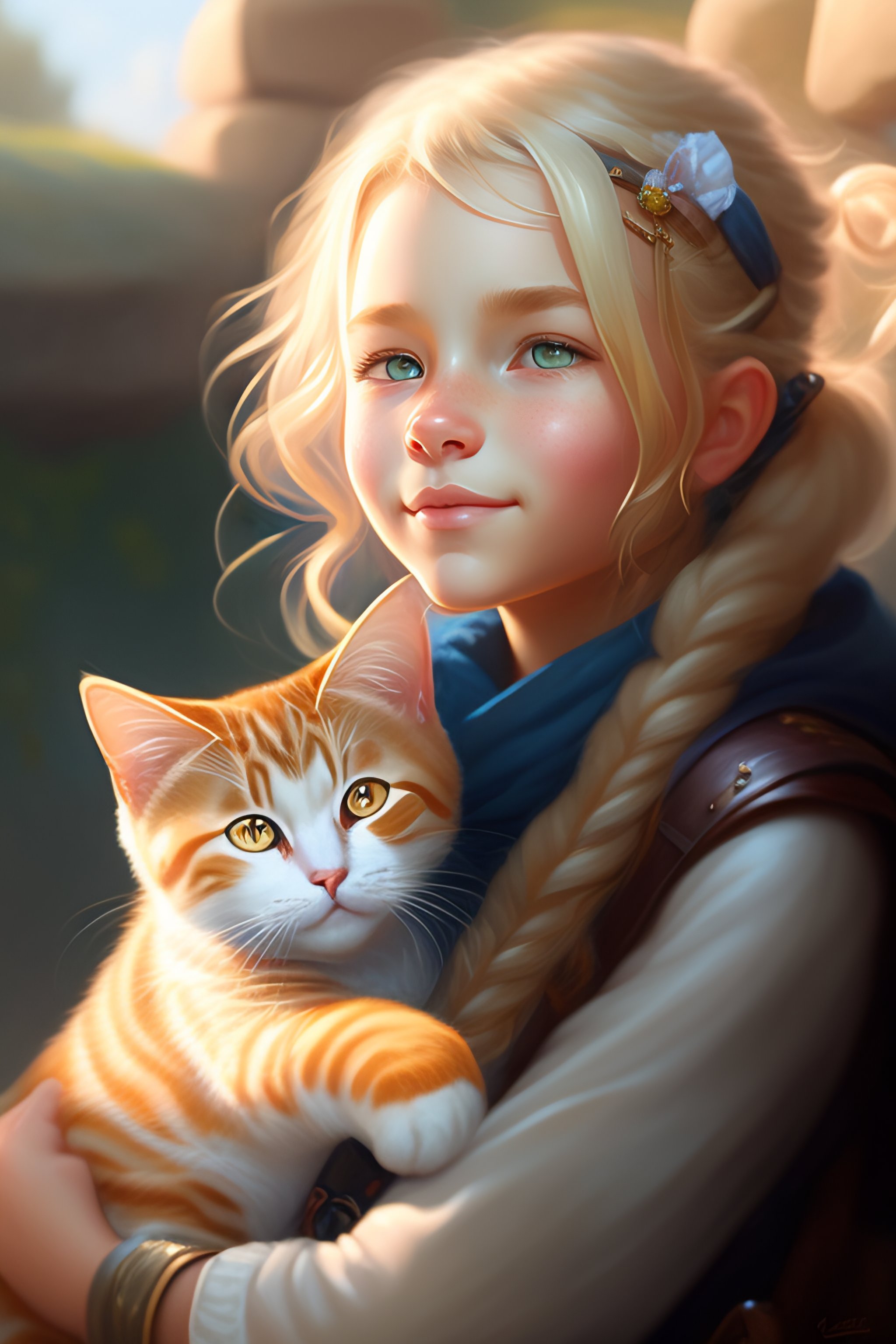 Lexica - A detailed portrait of a cute calm blonde girl hugging a tabby ...