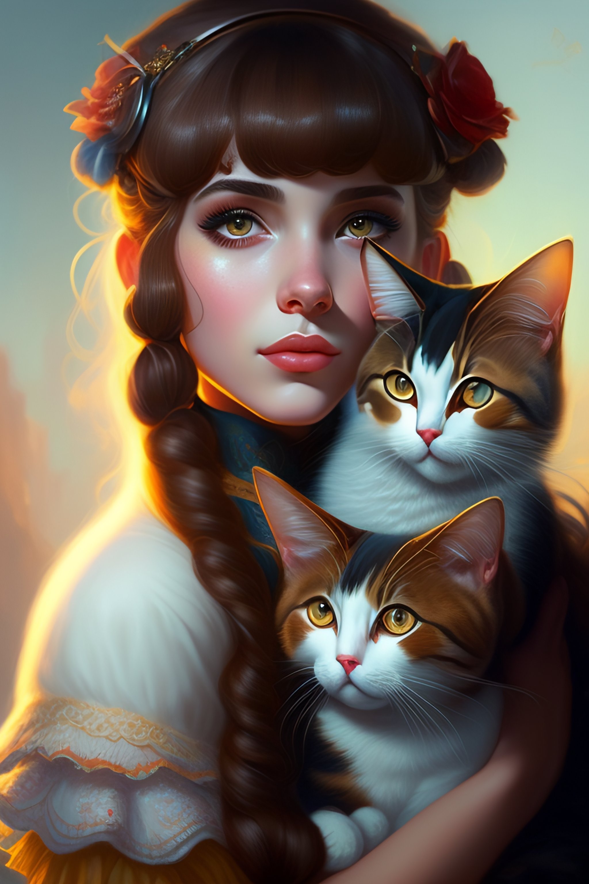 Lexica Melanie Martinez A Detailed Portrait Of A Cute Brunette Girl Hugging A Tabby Cat 6349