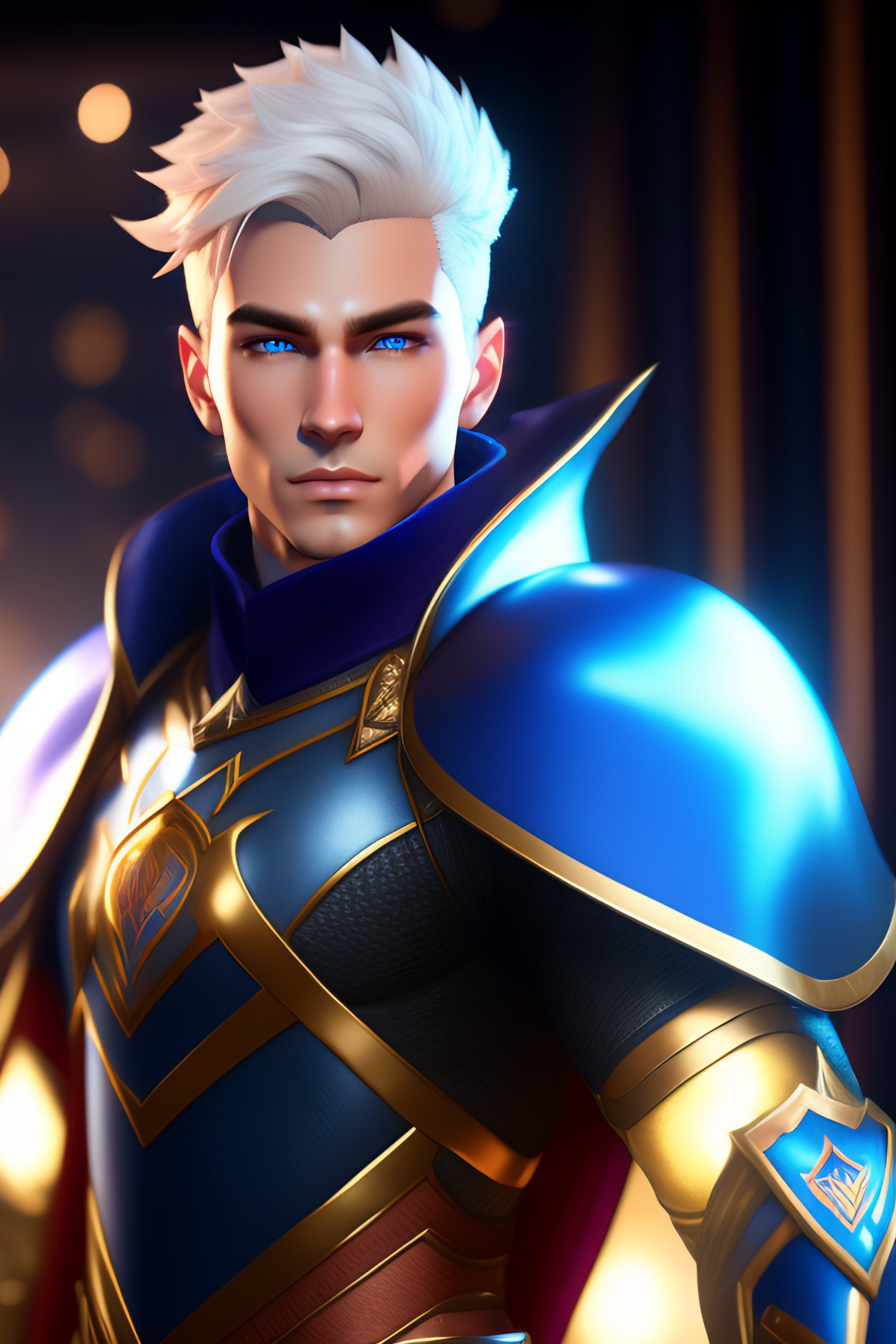 Lexica - Render as a very beautiful 3d anime boy, short white hair, blue  eyes, full round face, short smile, decorative leather armor, blue cape,  cin...