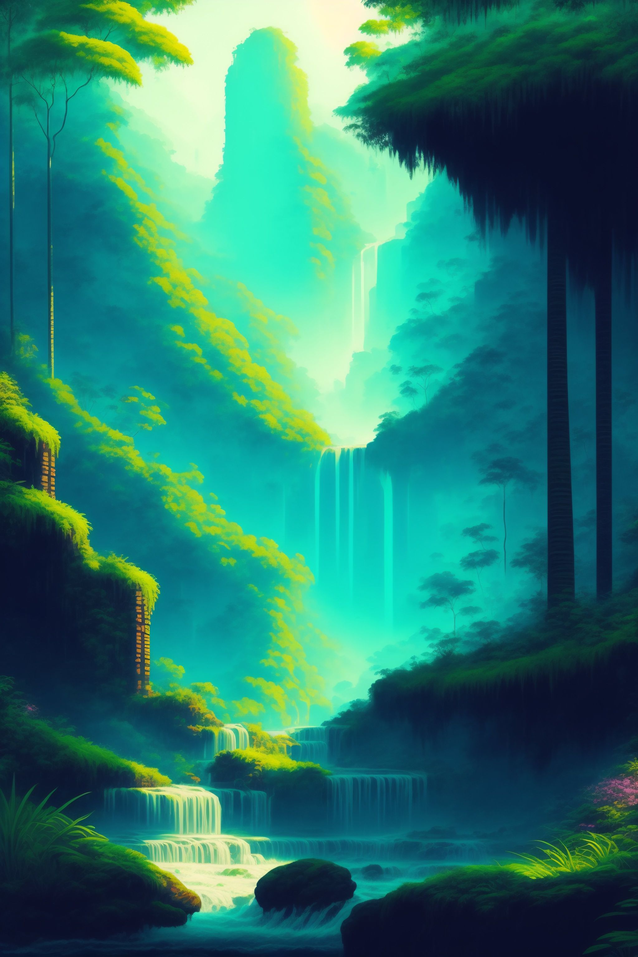 Lexica - Green and flowery Lush Jungle landscape with ancient ruins and ...
