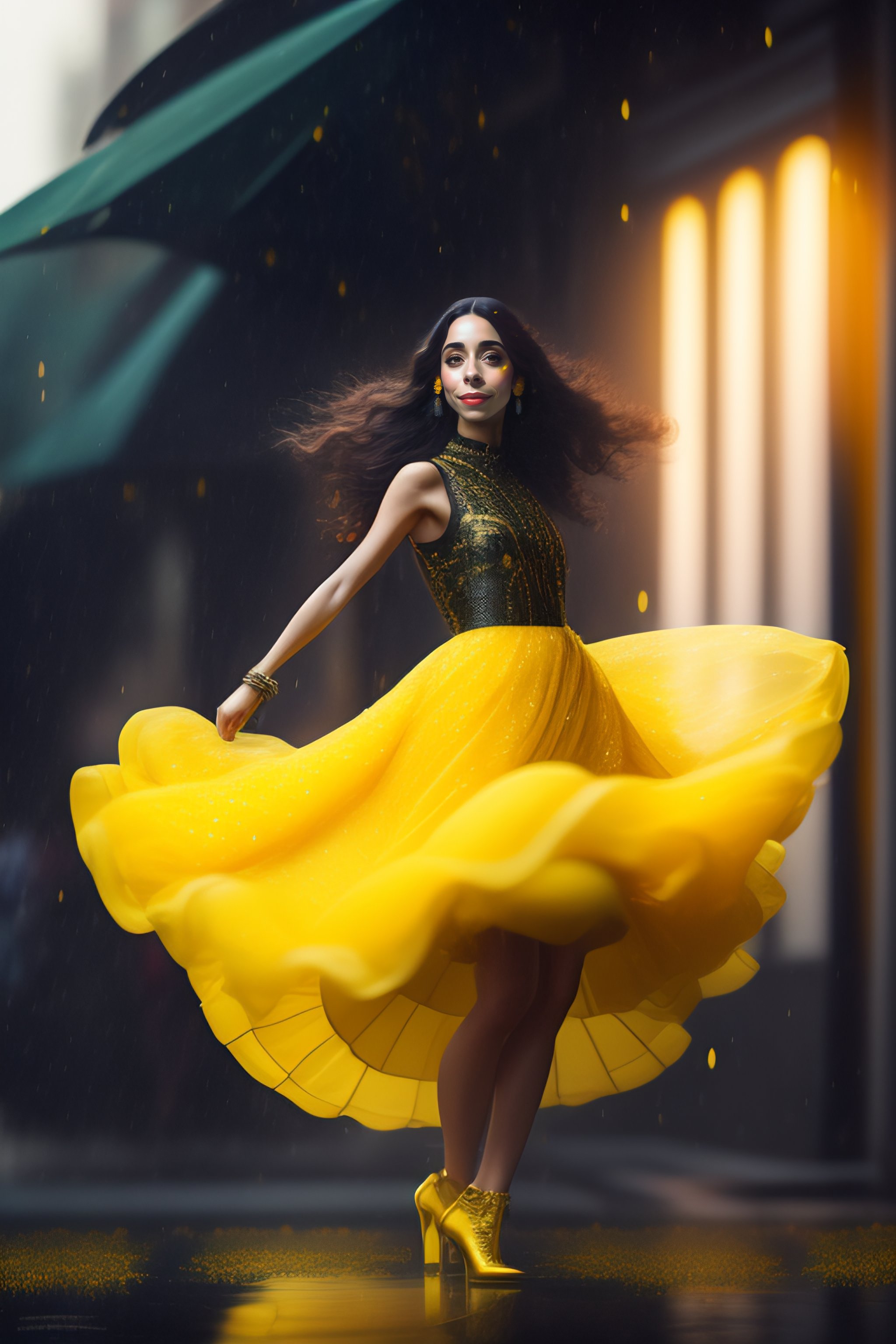Lexica - Cristin milioti is a Beautiful Bass player wearing black clothes  and yellow jewels dancing in rain storm with a yellow umbrella and yellow  f...