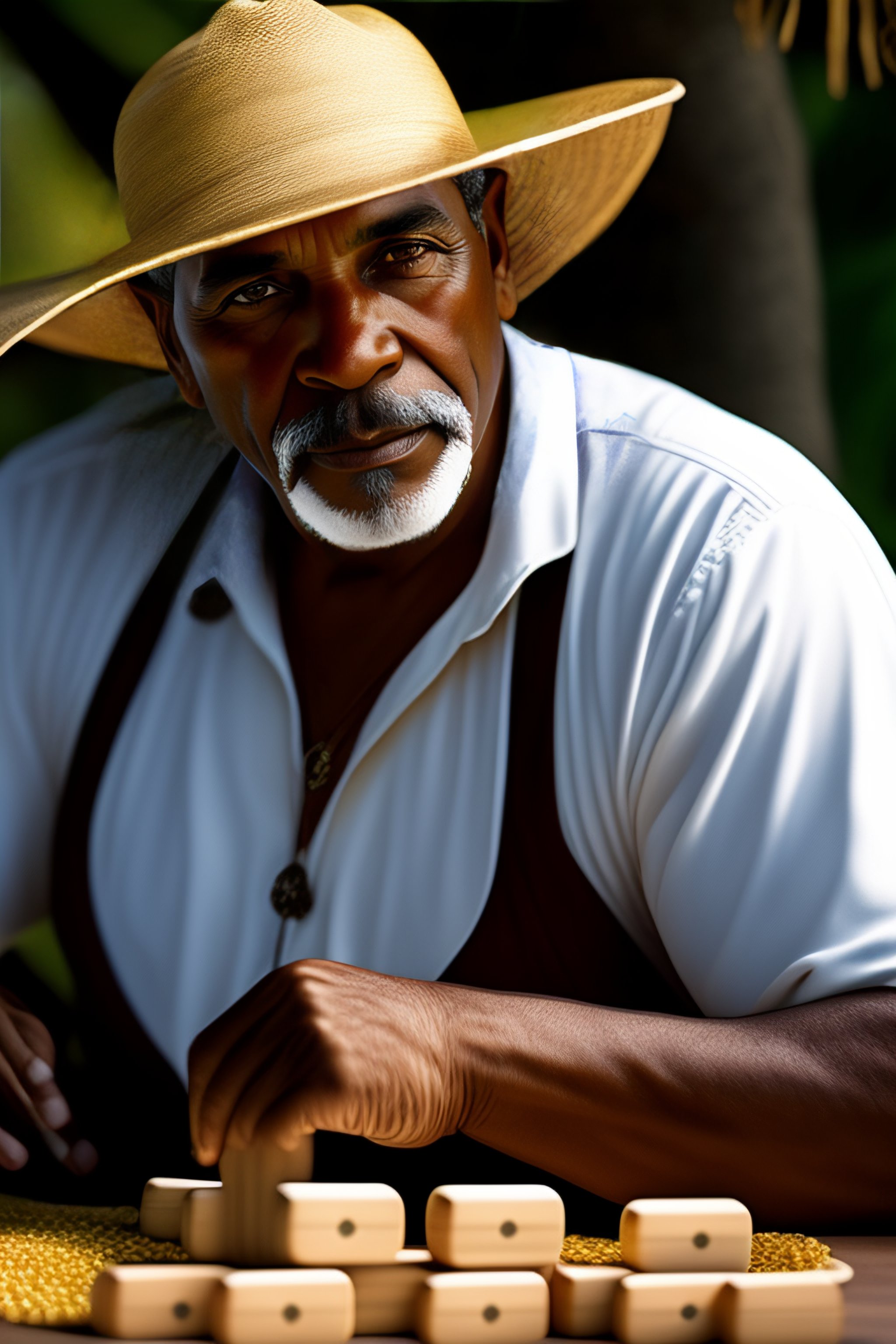 Lexica Puerto Rican jibaro with straw hat ,playing dominoes