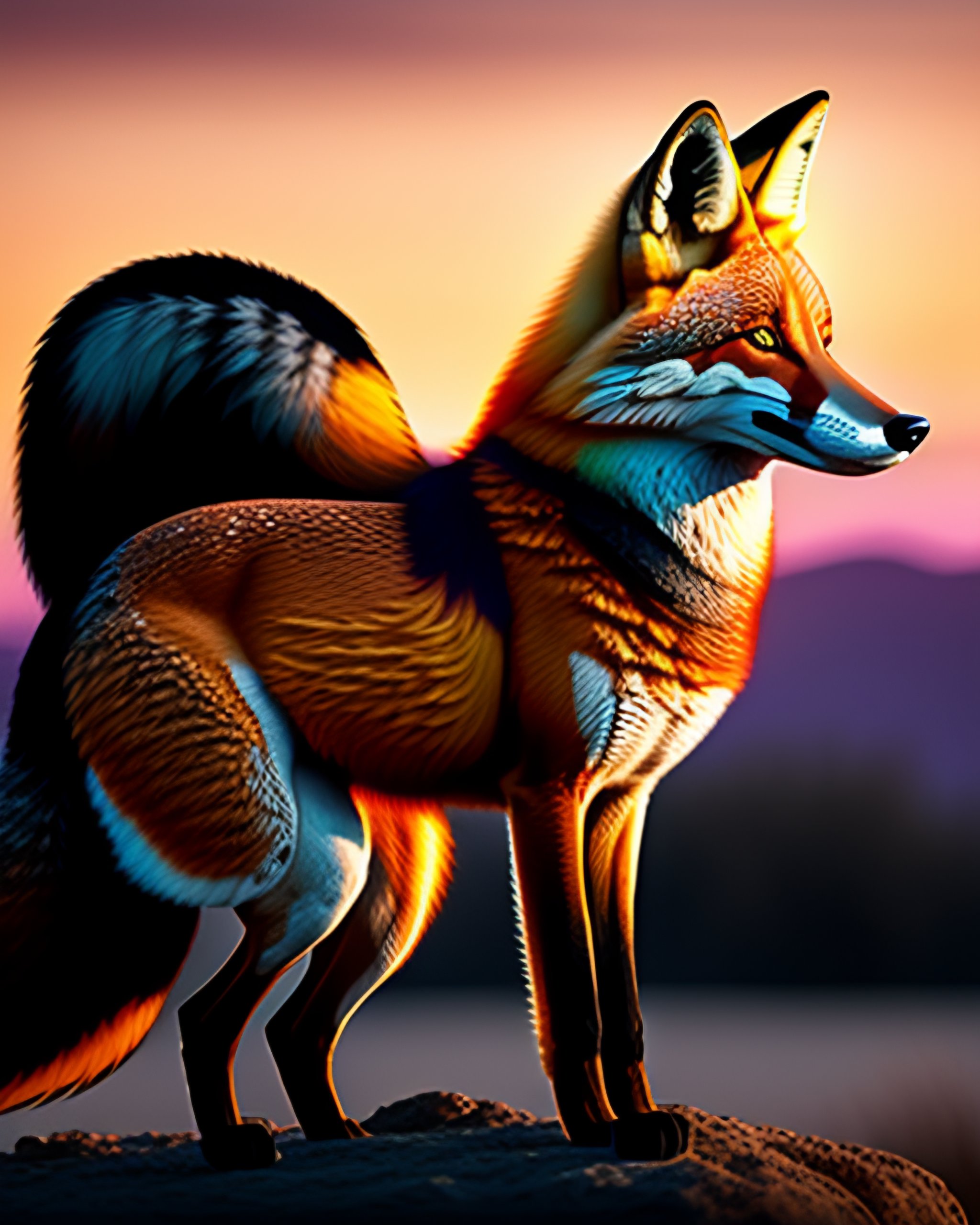 Lexica - Full body muscular female warrior fox flying sunset
