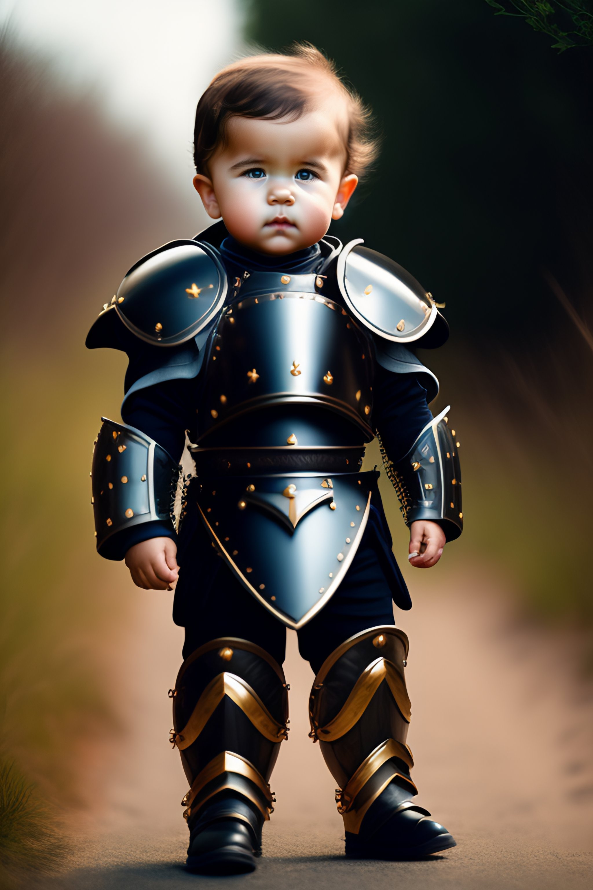 Lexica - A cute baby wearing black plate battle armor