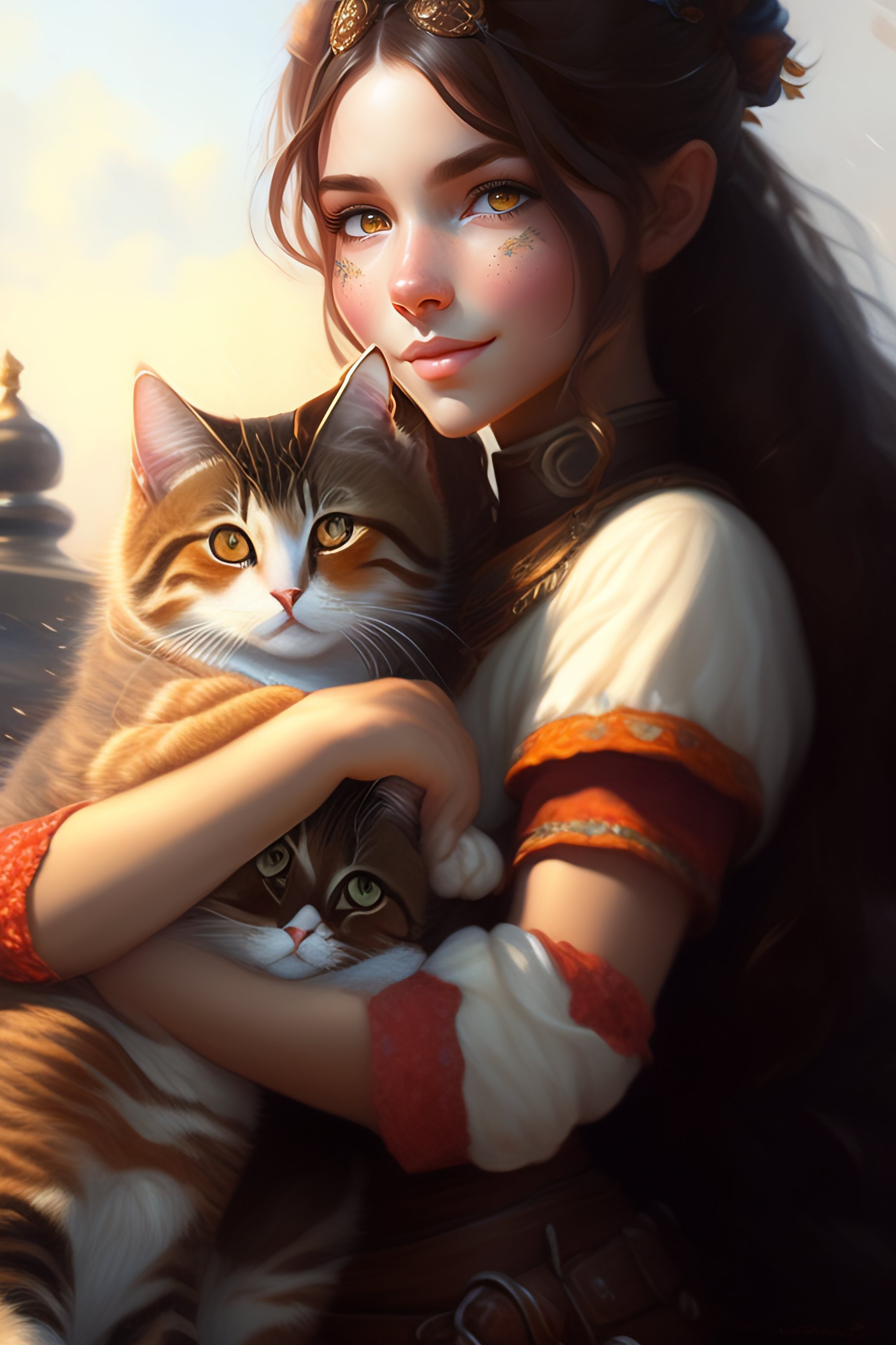 Lexica - A detailed portrait of a cute brunette girl hugging a tabby ...