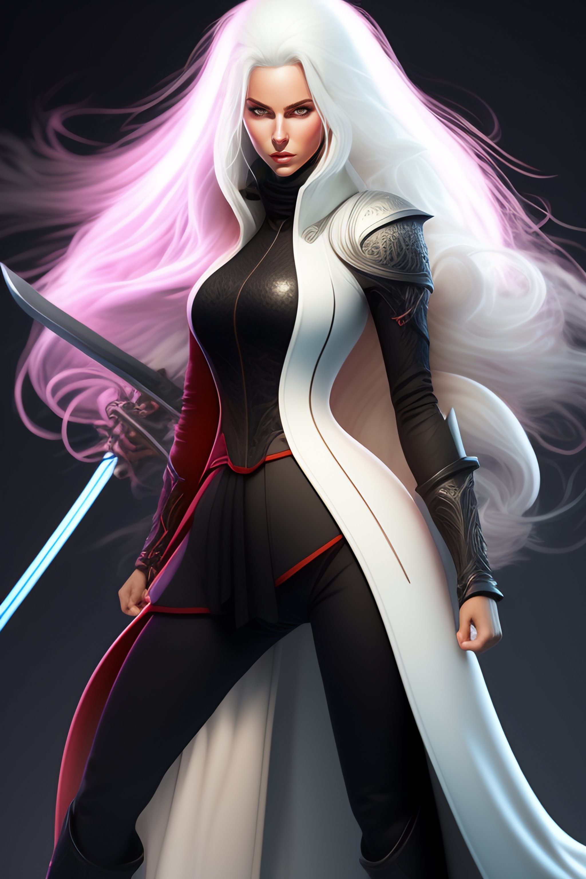 Lexica - Full body portrait of female swordsman, long white hair