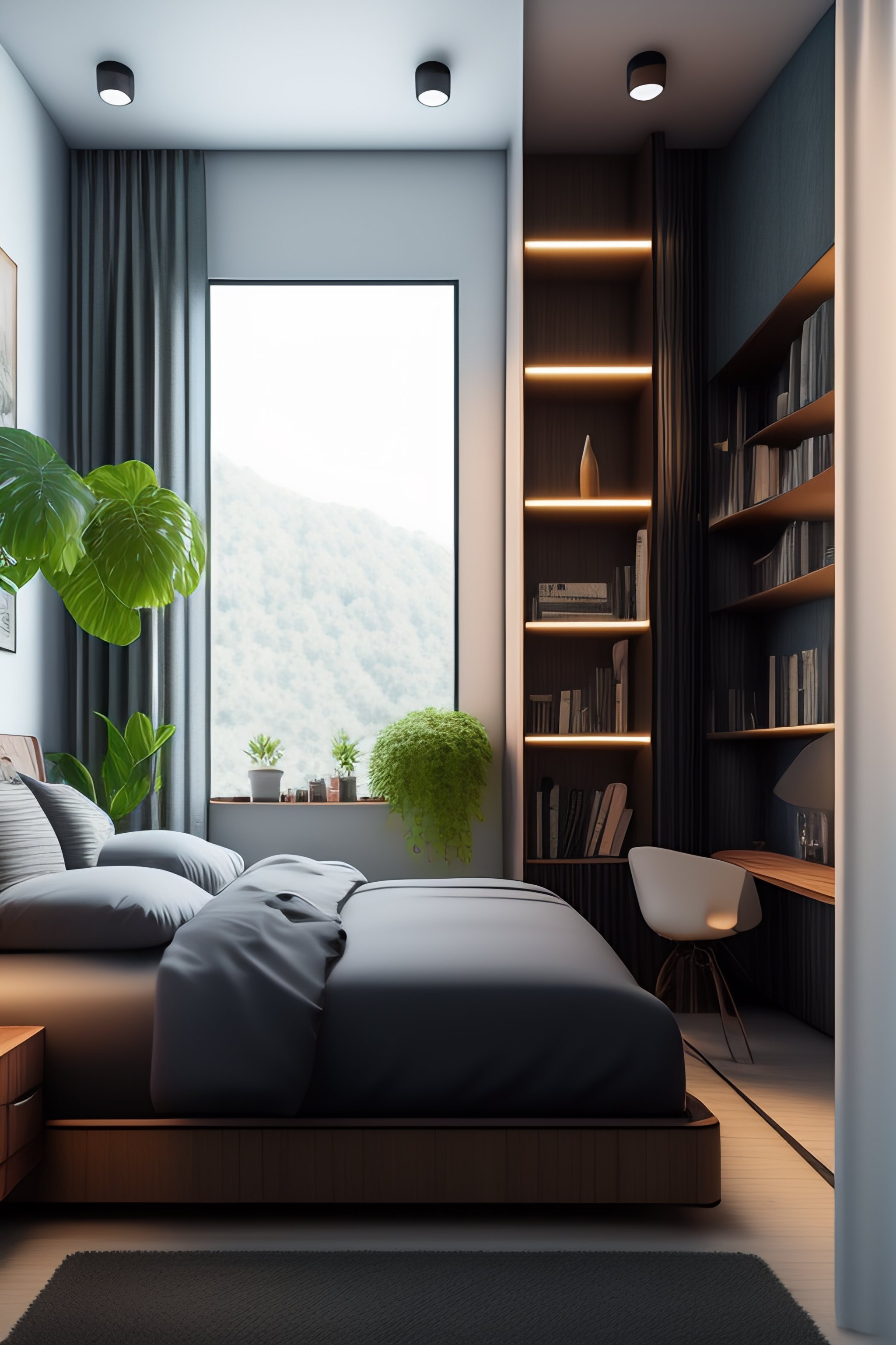 Lexica - Interior design, narrow room, desk, queen sized bed ...