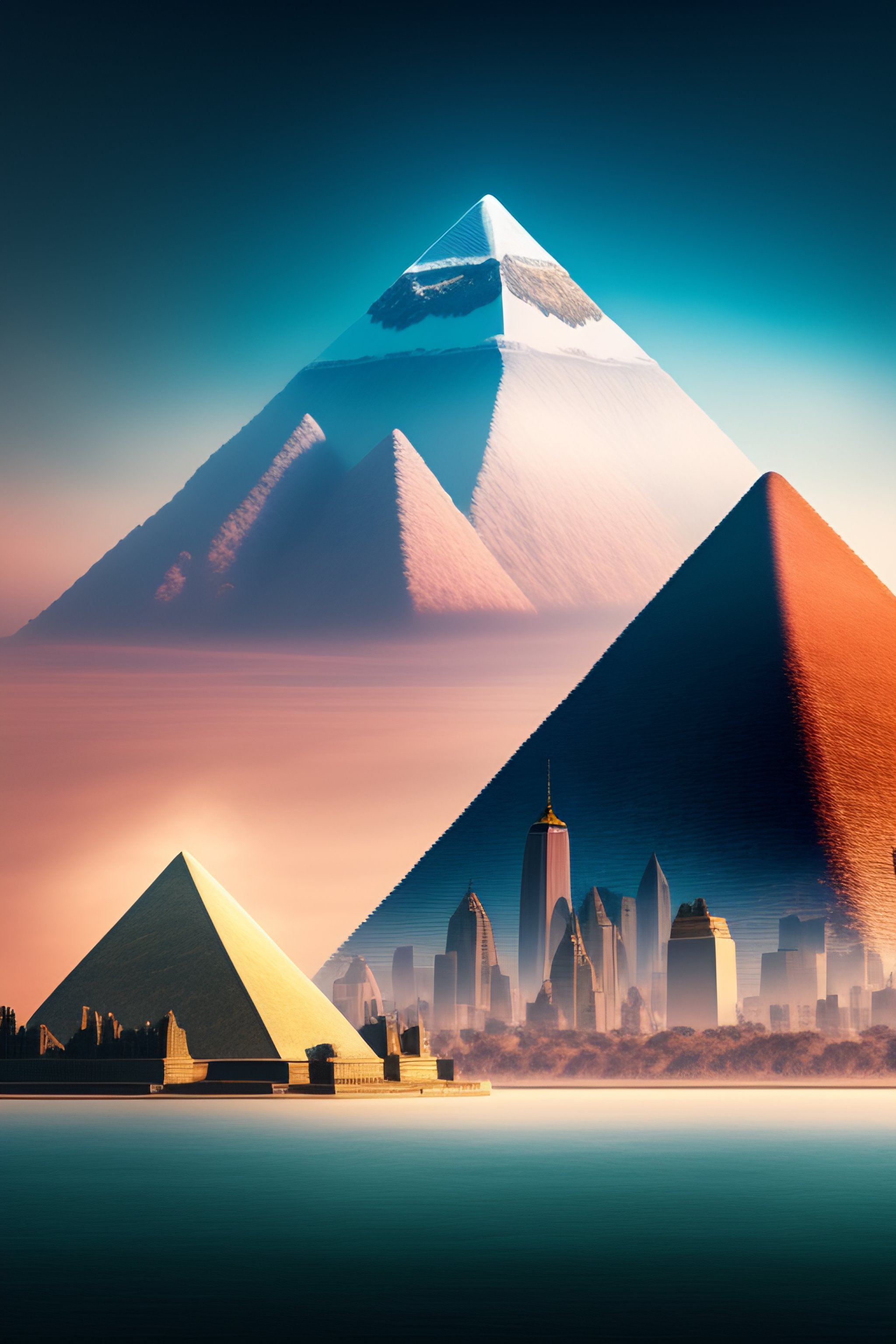 Lexica - The New York skyline, with the great pyramid in the foreground ...