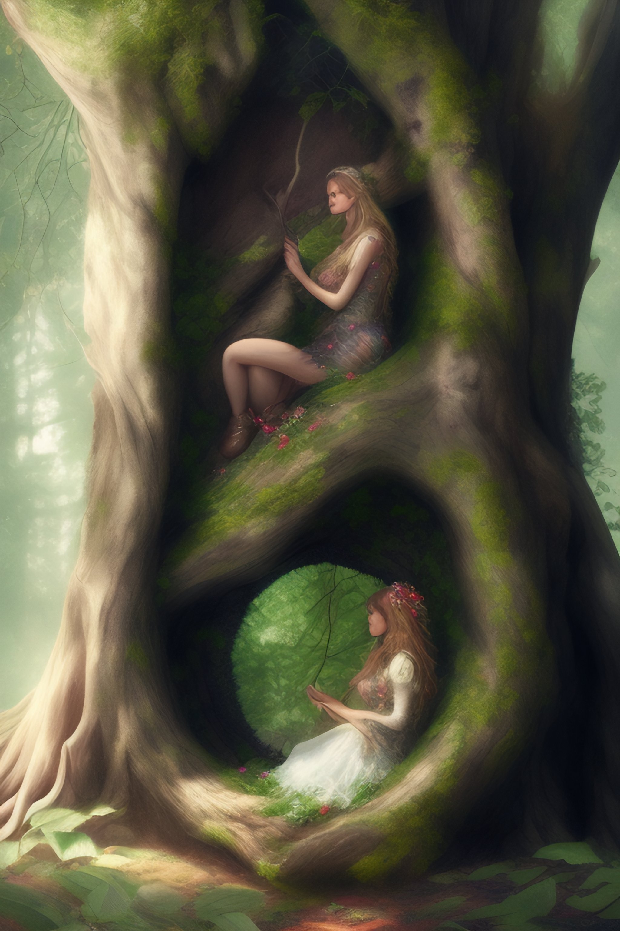 Lexica - Beautiful women fairies hiding from an evil phantom by sitting ...