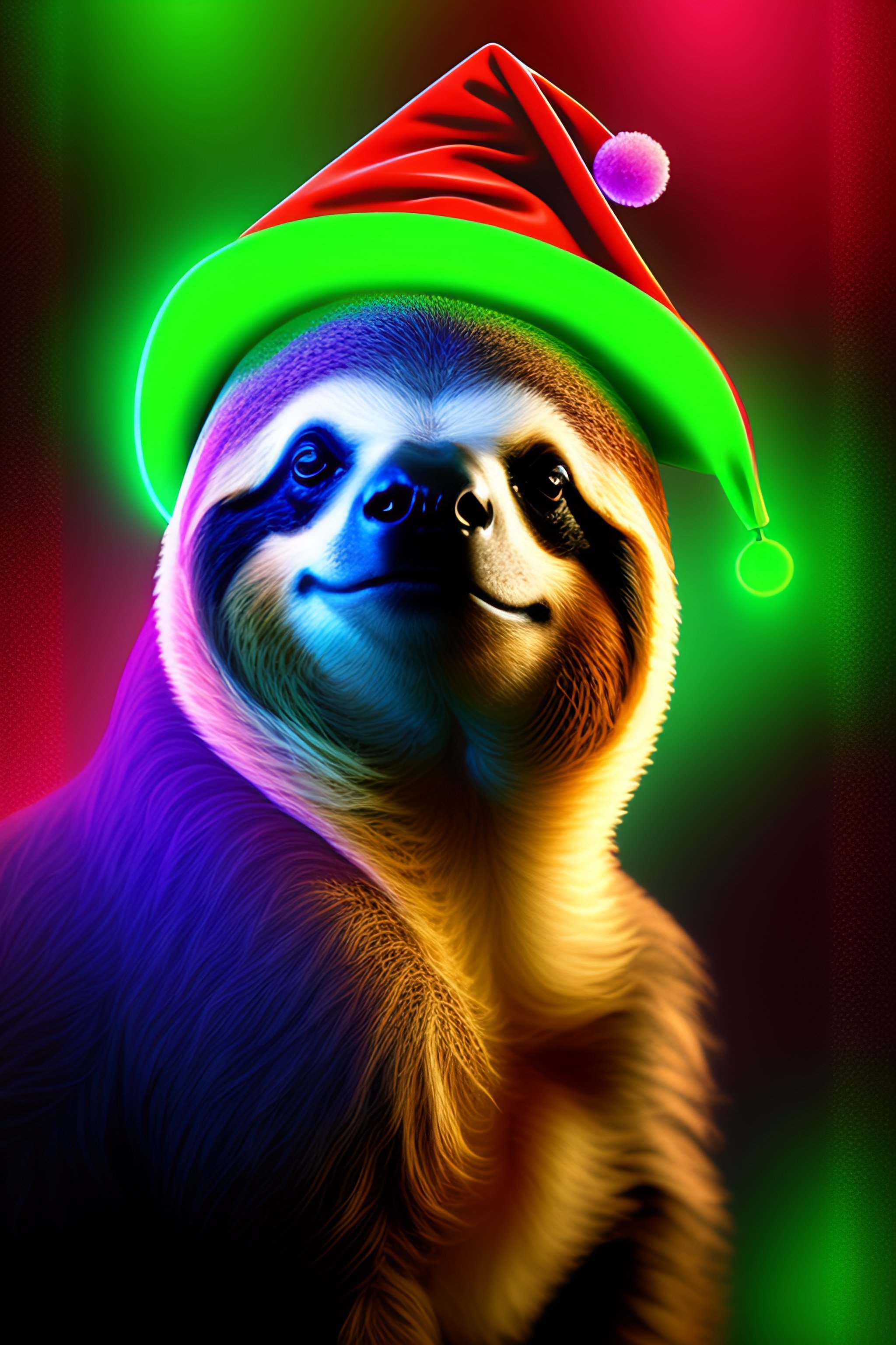 Lexica - Sloth in christmas hat, neon sci-fi background