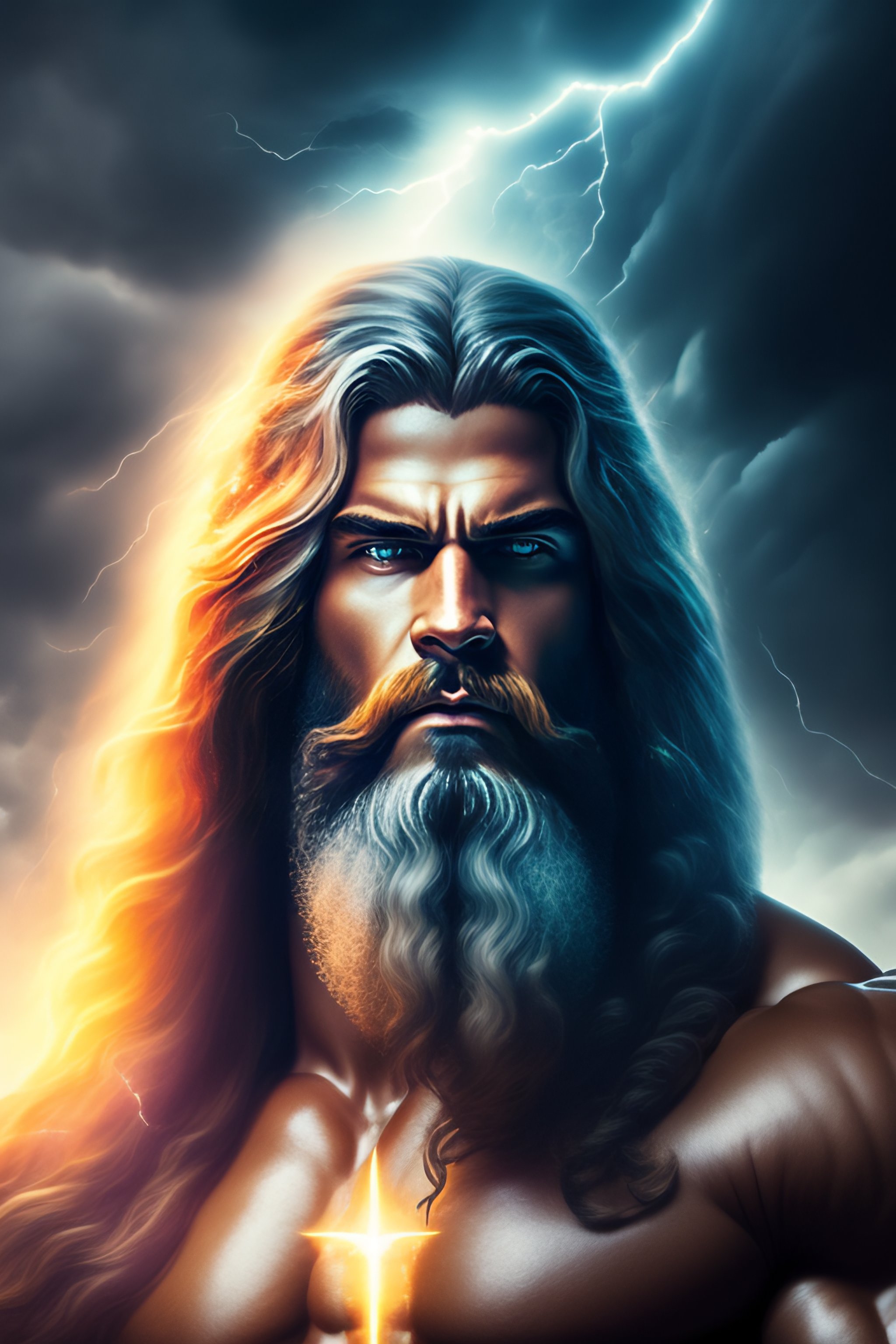 Lexica Old god zeus, with long hair, in the sky, with athletic body
