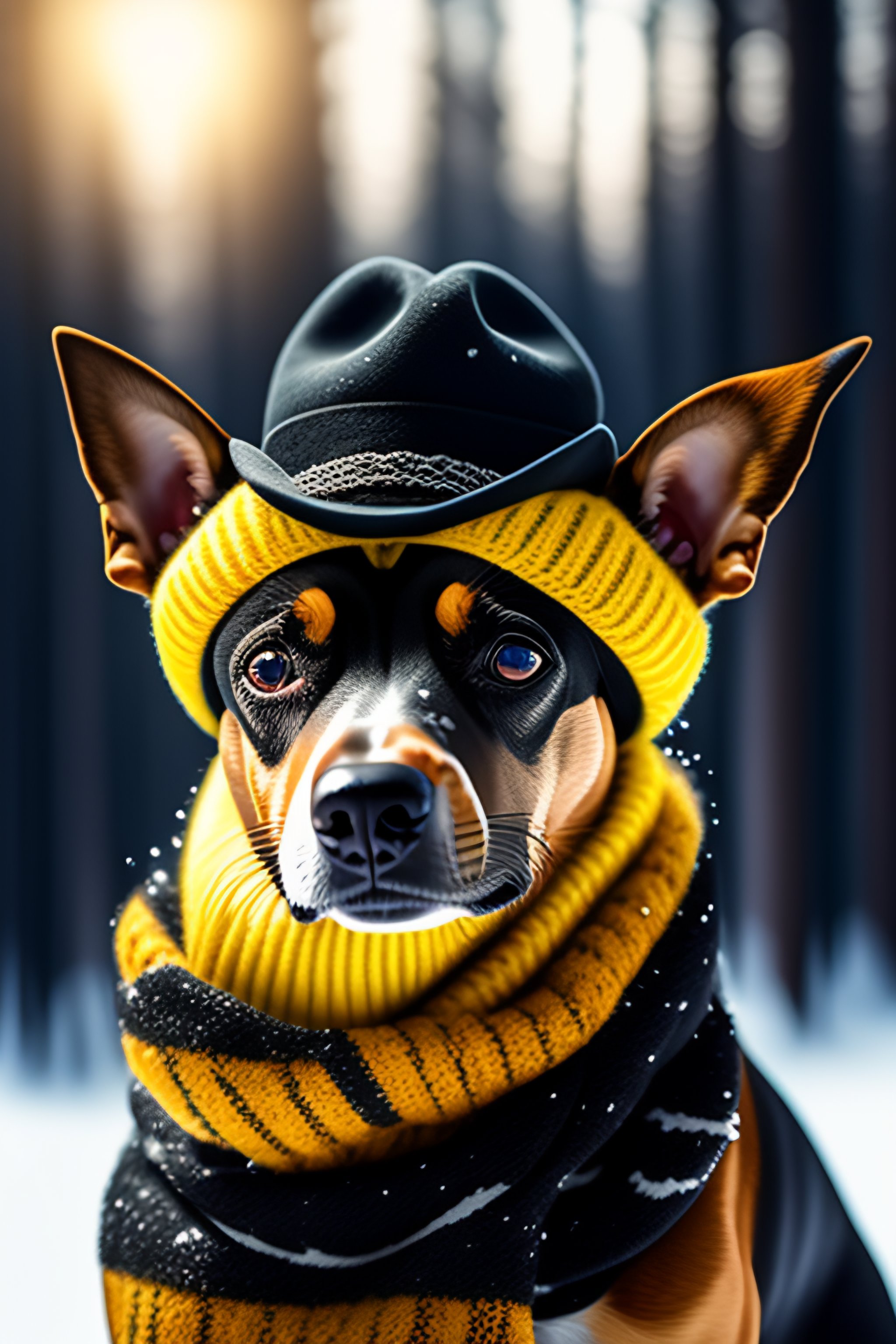 Lexica - Developed style, toy terrier in a hat and scarf, it's snowing ...