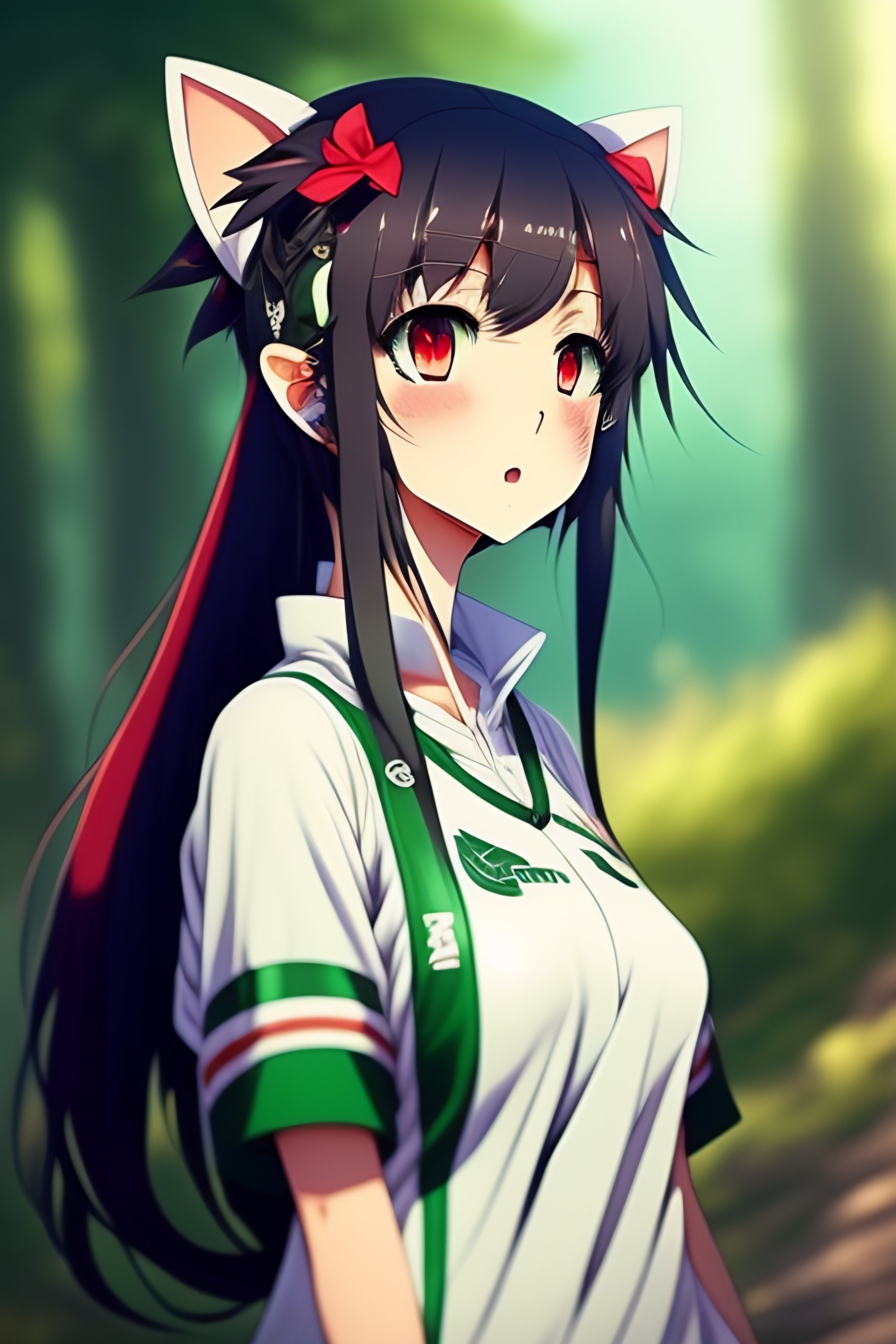 Lexica - Cute anime girl, green hair, small cat ears no normal ears ...