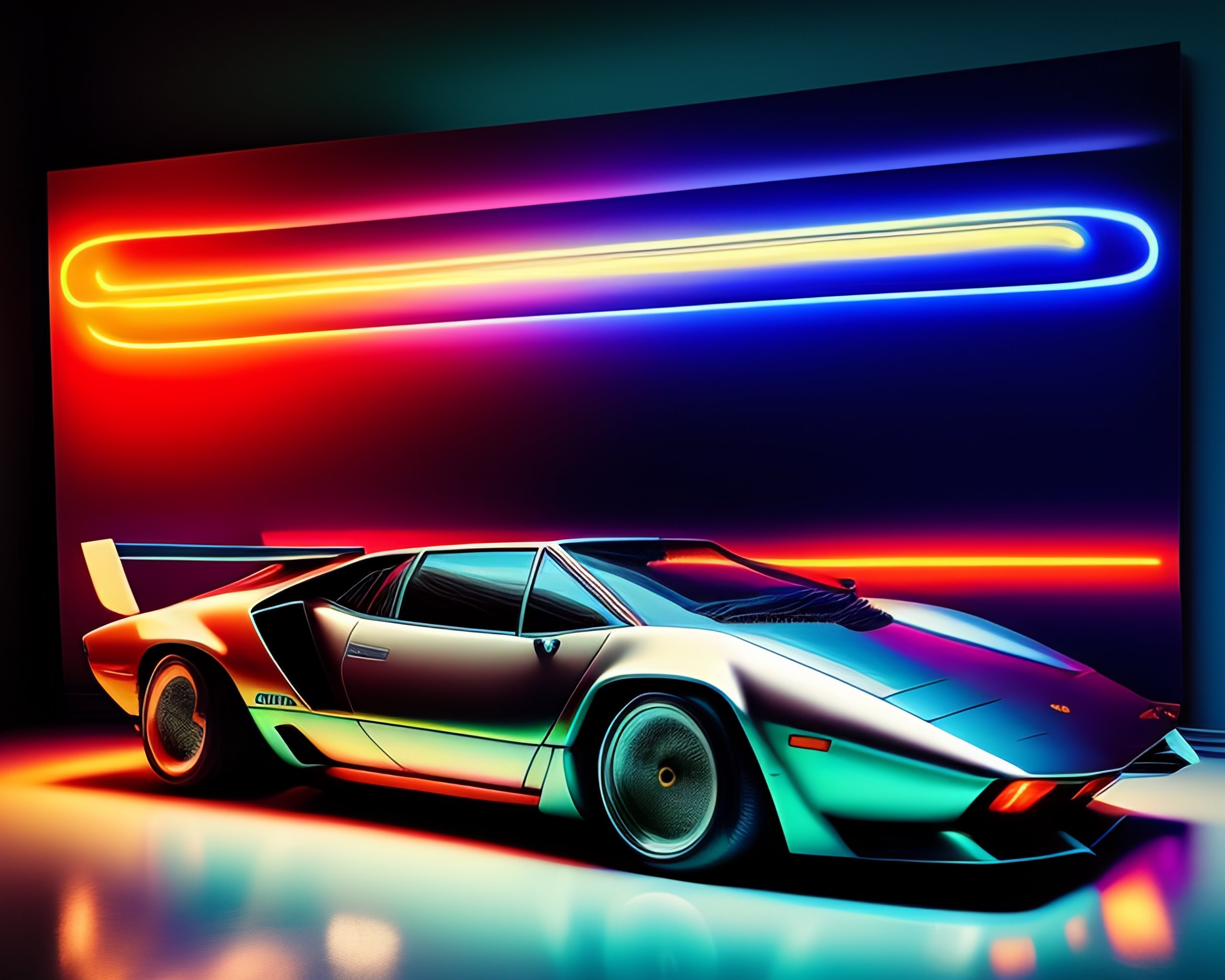 Lexica - 1980s Lamborghini poster with sportscar and woman model, studio  photography, neon colors