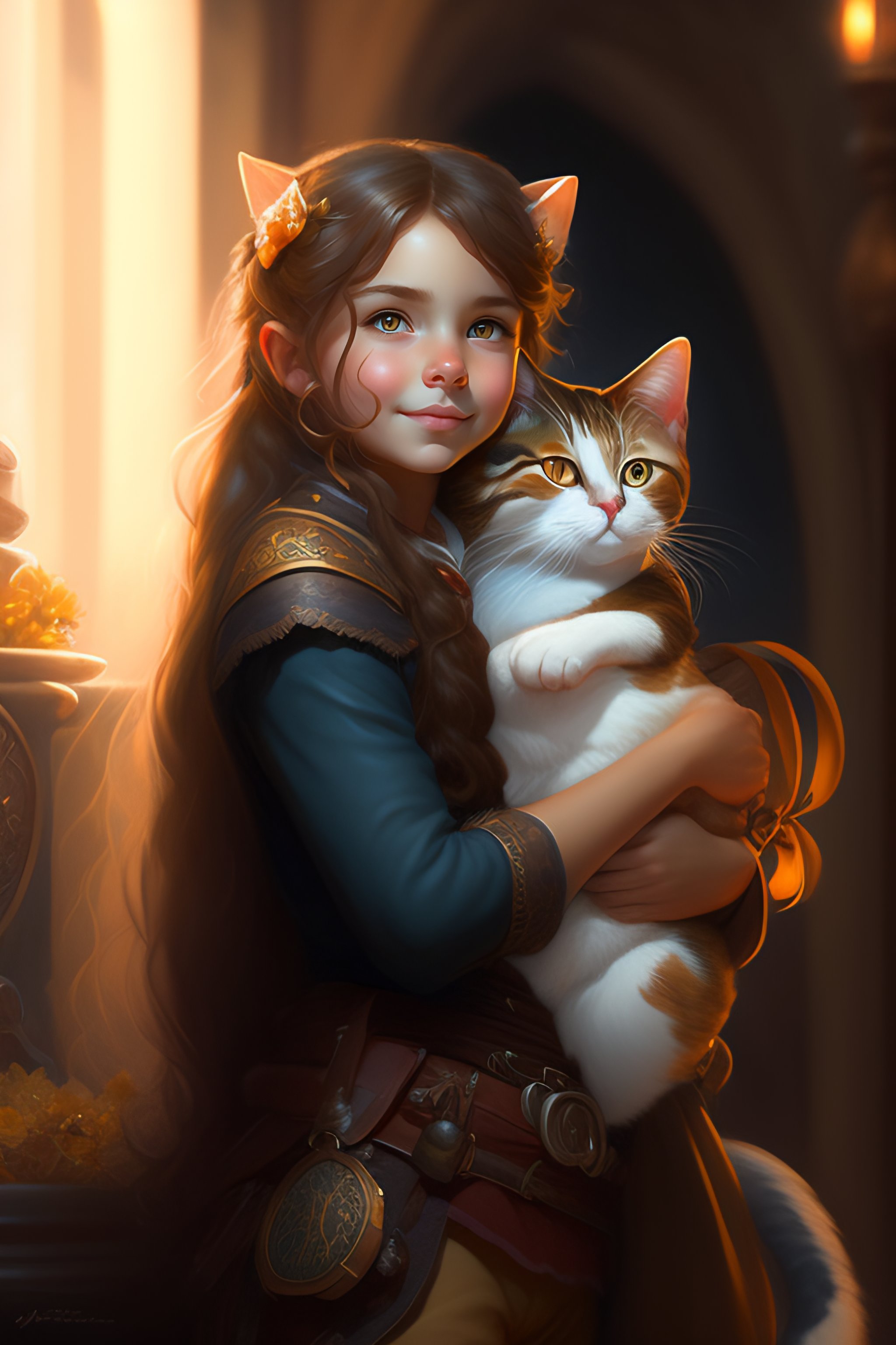 Lexica - A detailed portrait of a cute brunette girl hugging a tabby ...