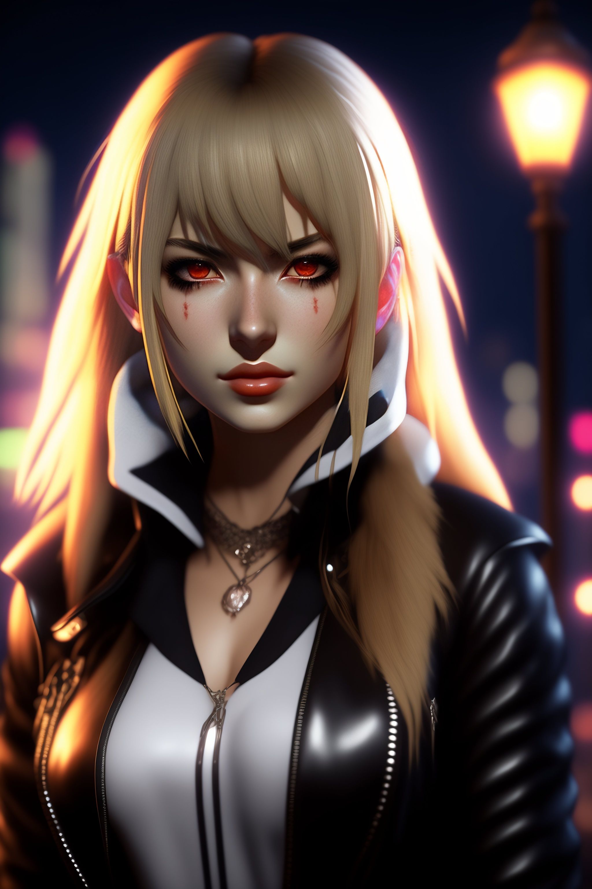 Lexica - Highly detailed outfit of Misa Amane from Death Note, blonde hair,  red eyes, on a sidewalk at night, underneath a streetlight, detailed text...