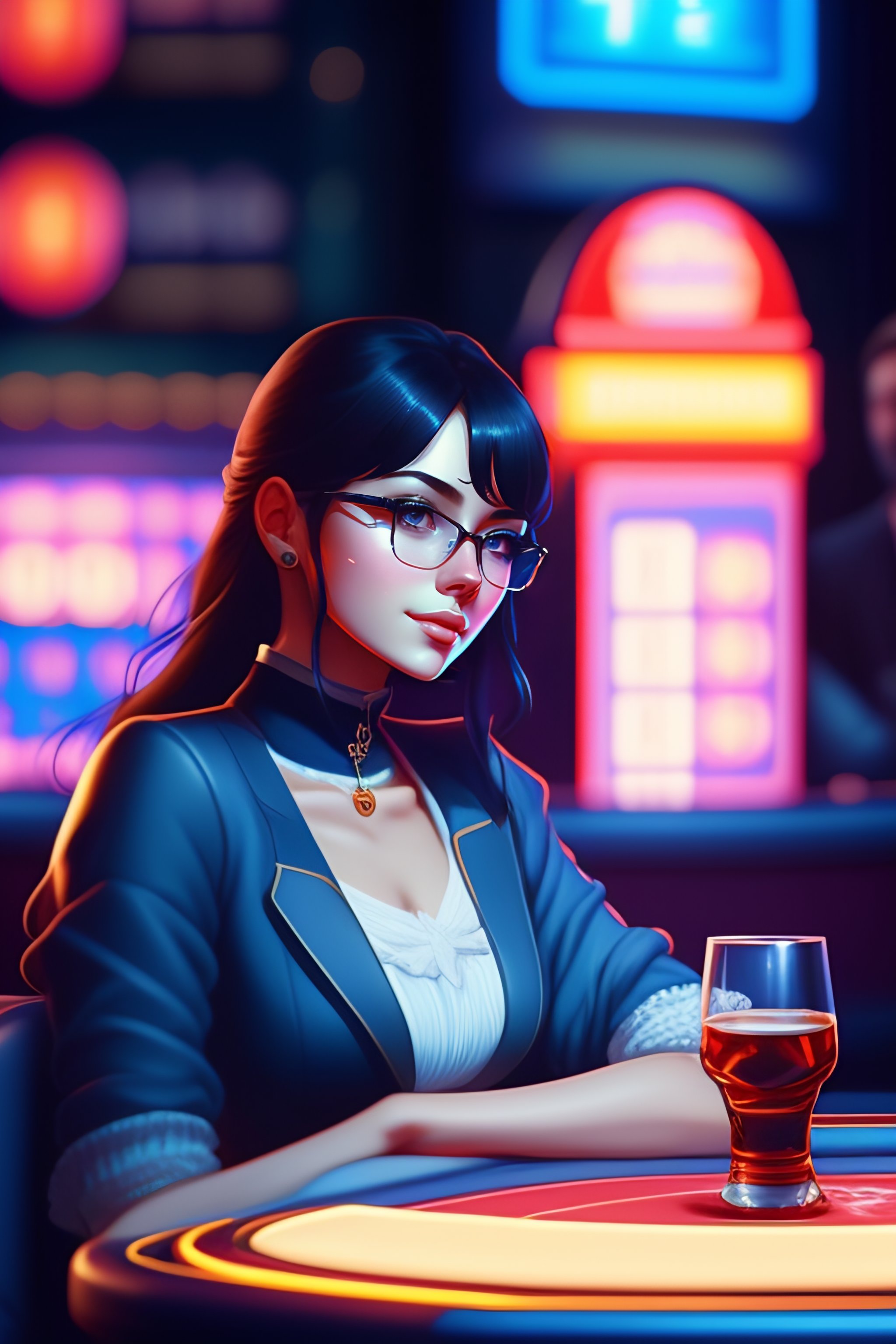 Lexica - glasses casino c black sitting inside gin hair wayfarer table with by Cute sweater in tonic blue drinking a a poker background girl black