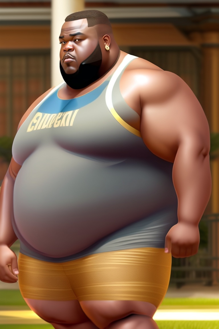 Lexica - A Big and Fat Obese black Man with balding hair wearing a tank top  and shorts, with a gold chain