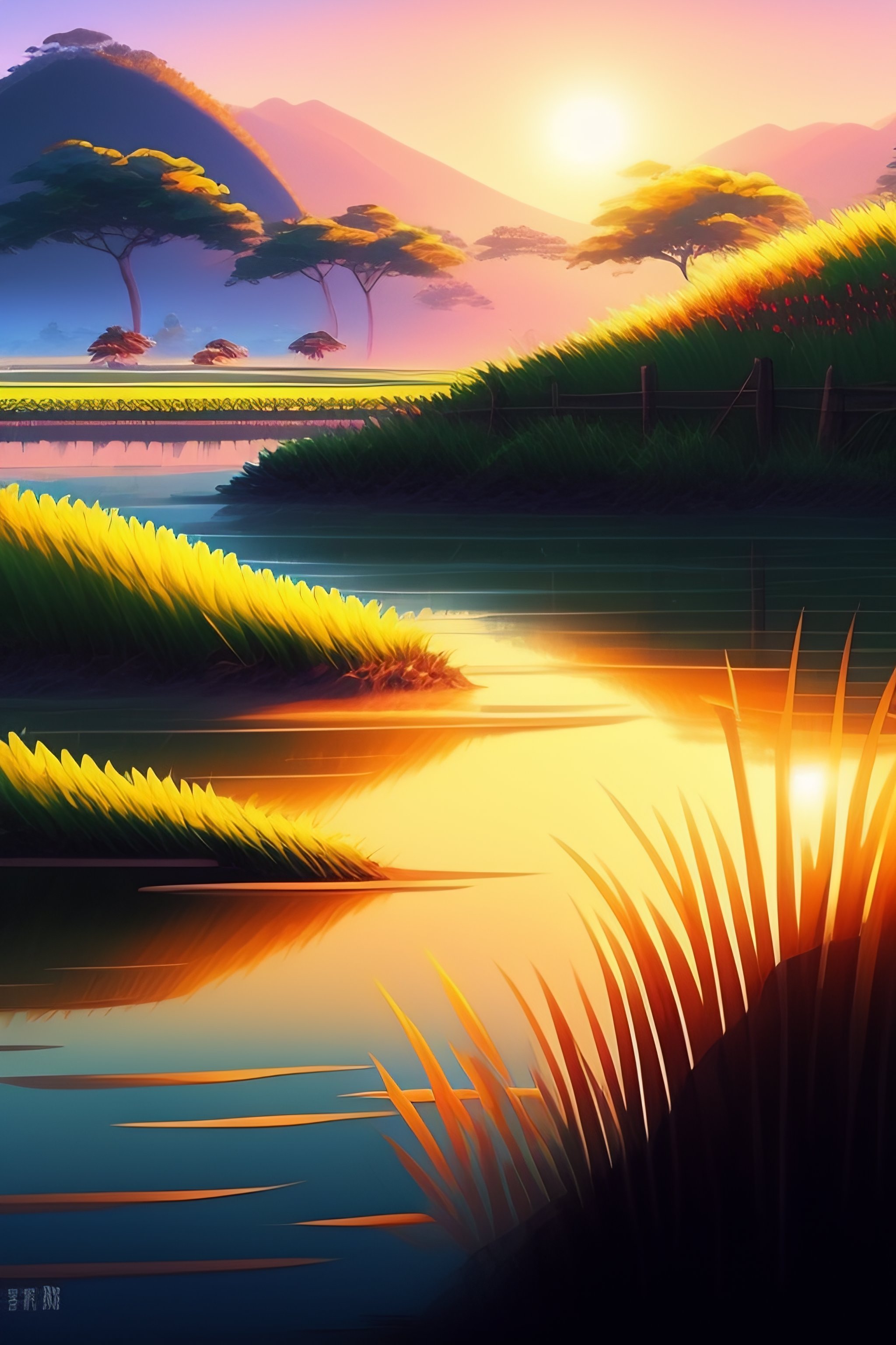 Lexica - Anime style landscape, rice paddy in the background, low sun.