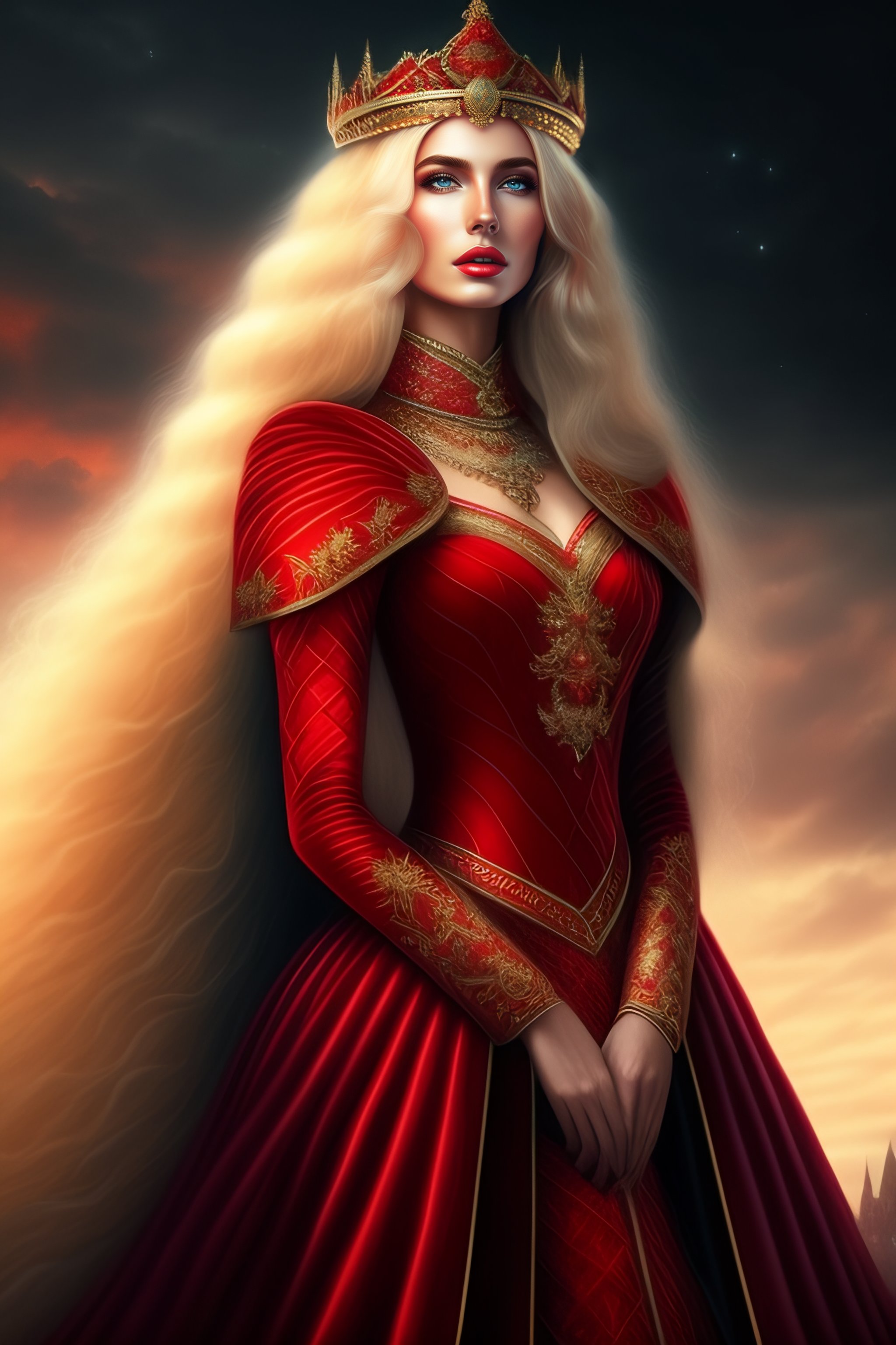 Lexica Beautiful night empress, long blonde hair, long red dress