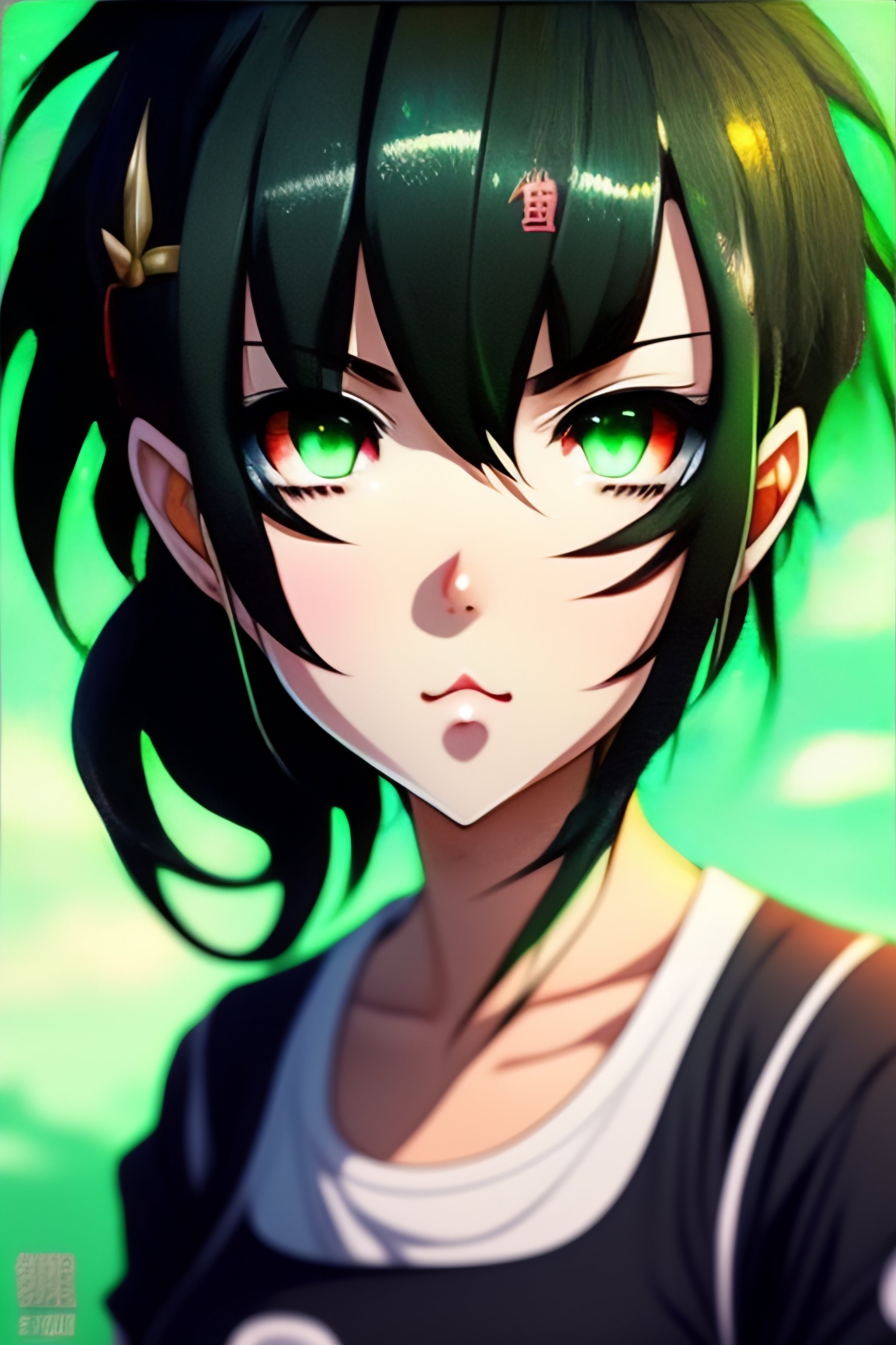 Lexica Cute Anime Girl Green Eyes Half Green Half Black Hair Ahoge Eating 