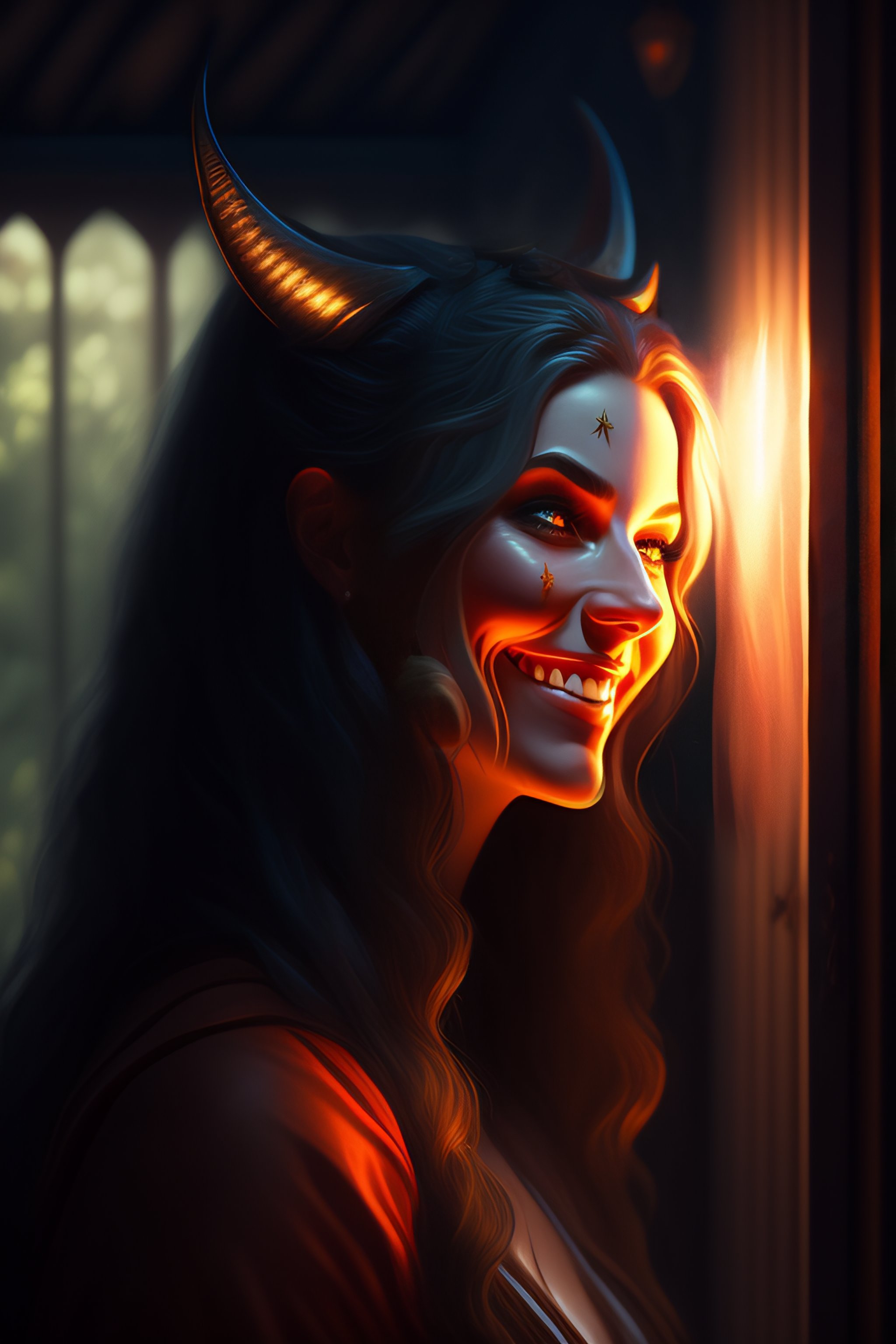 Lexica - Portrait of a demon in a gardenhouse, scary, darkness, smiling ...