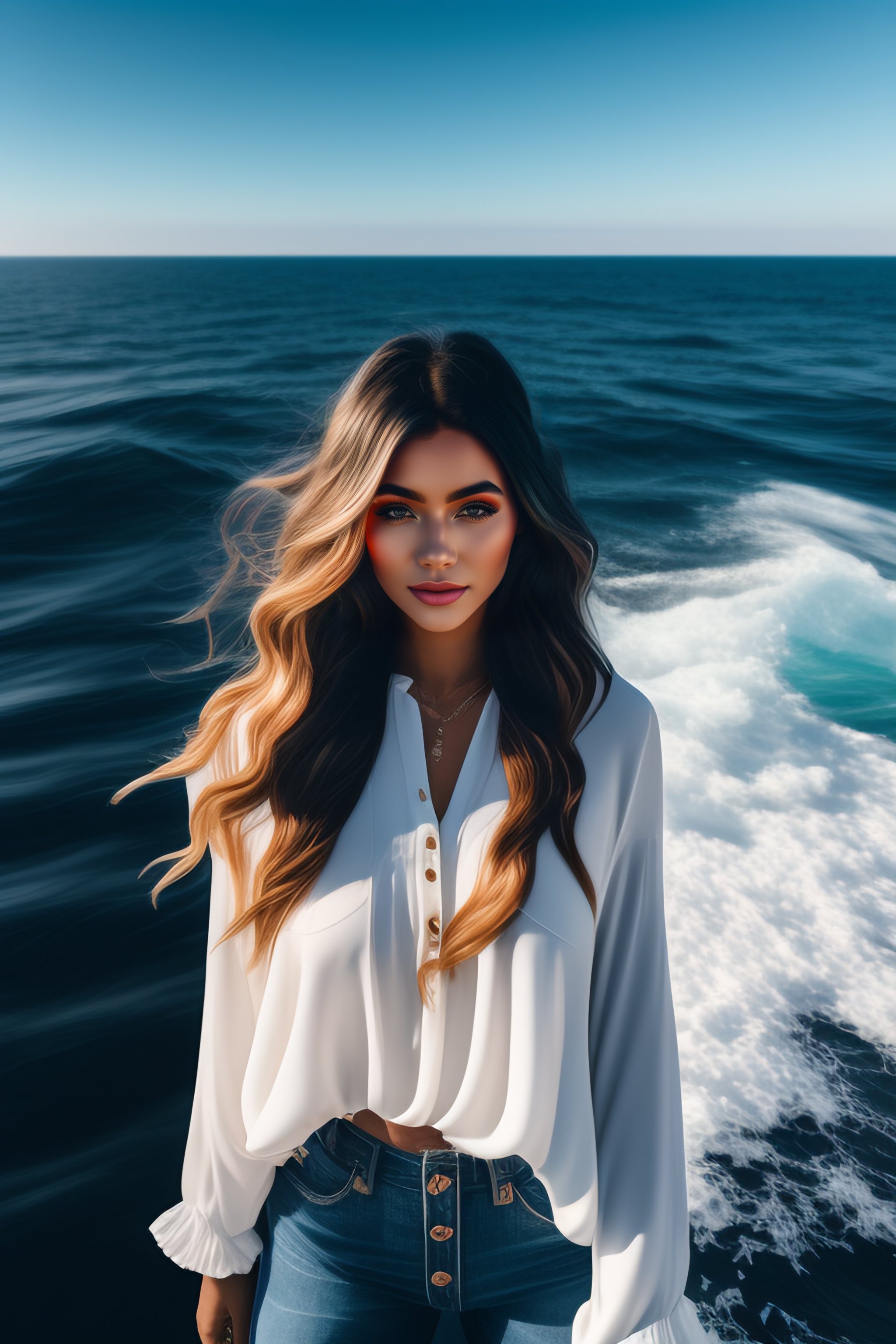 Lexica - A girl in white top and blue jeans at middle of ocean
