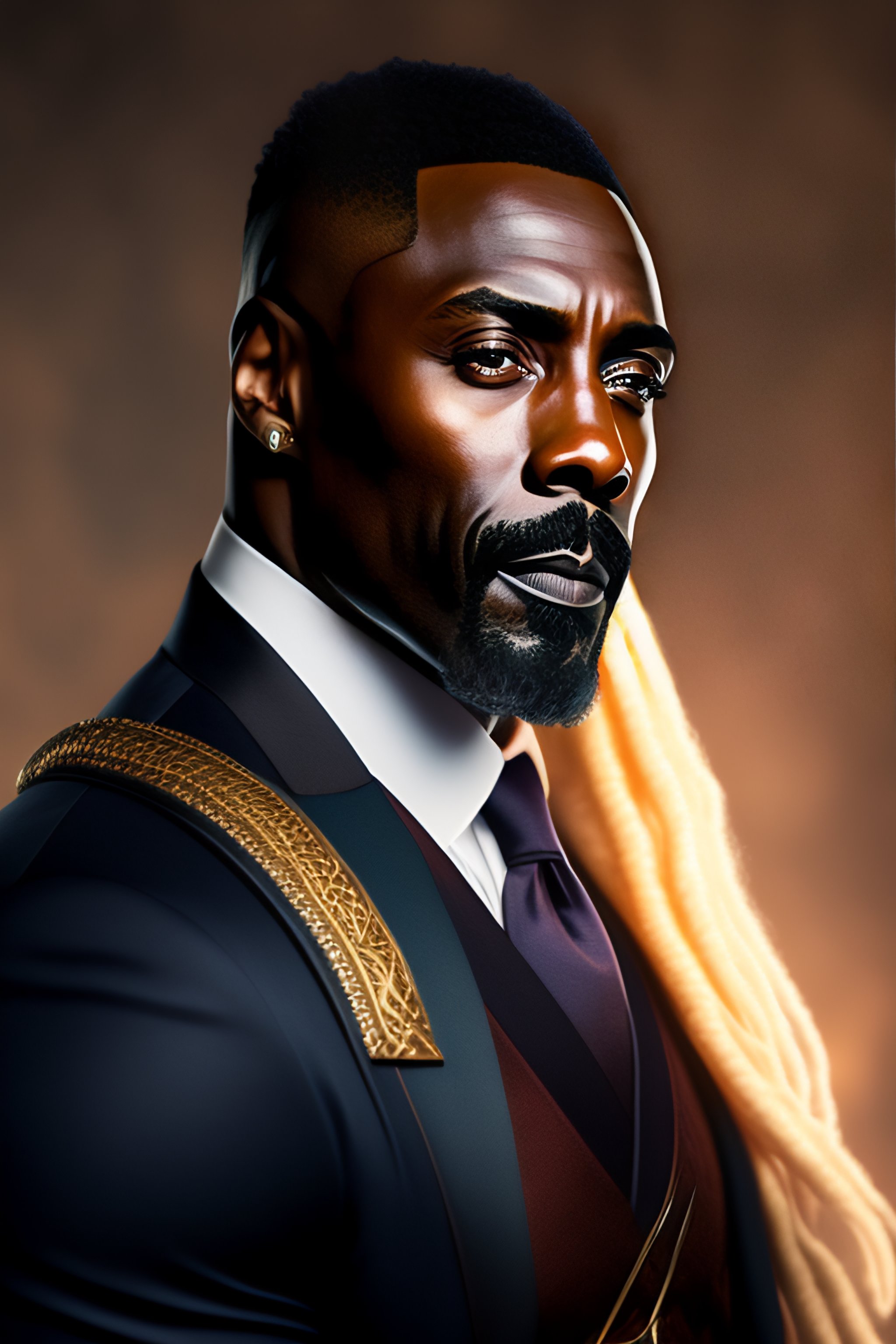 Lexica - Portrait Idris Elba, D&D Wizard with staff gem, dreadlock hair